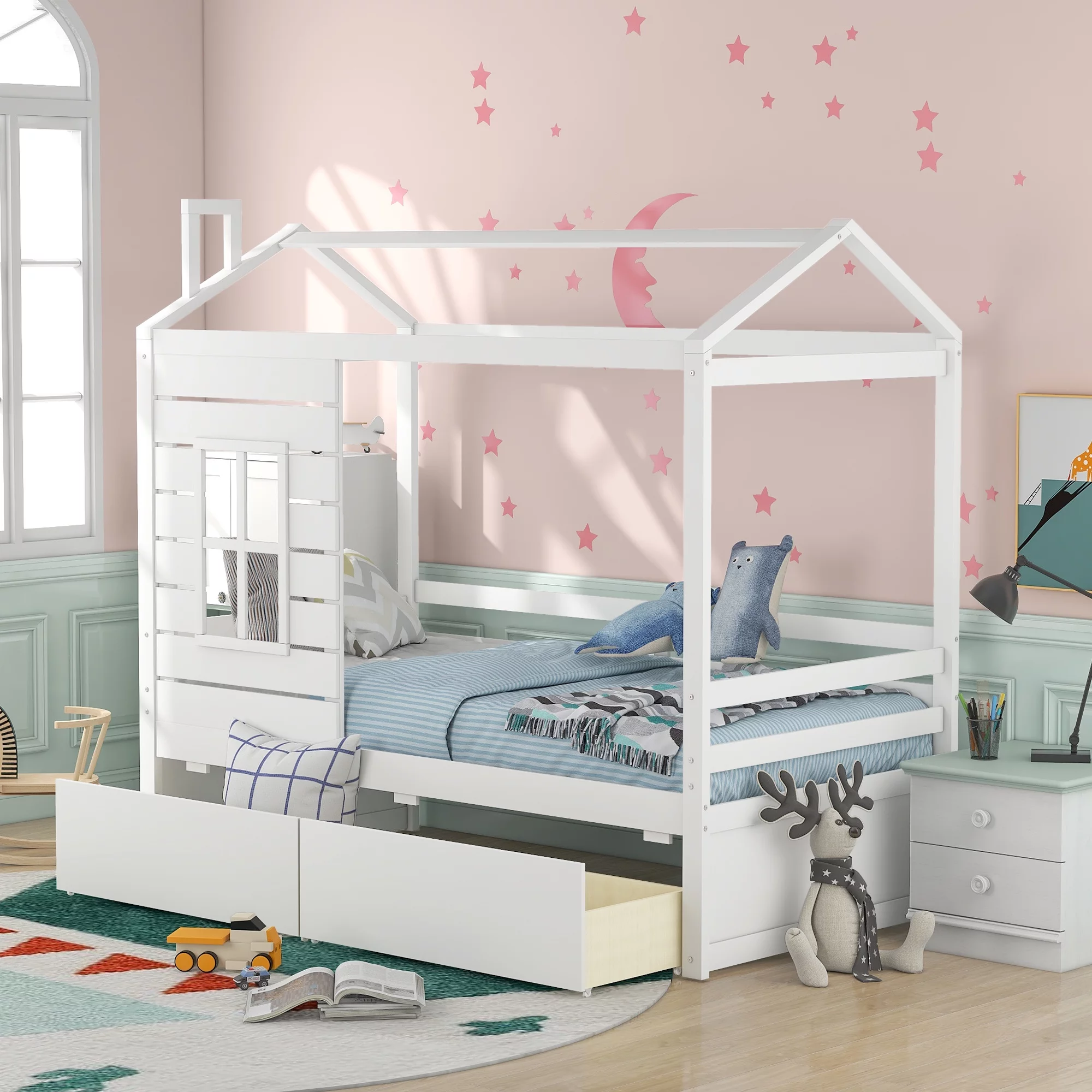 Wood Children Toddler House Bed Frame with Two Drawers Twin Daybed with Two Drawers Tent Bed Floor Bed Wooden House Bed for Toddlers, Teens, Girls, Boys, Kids