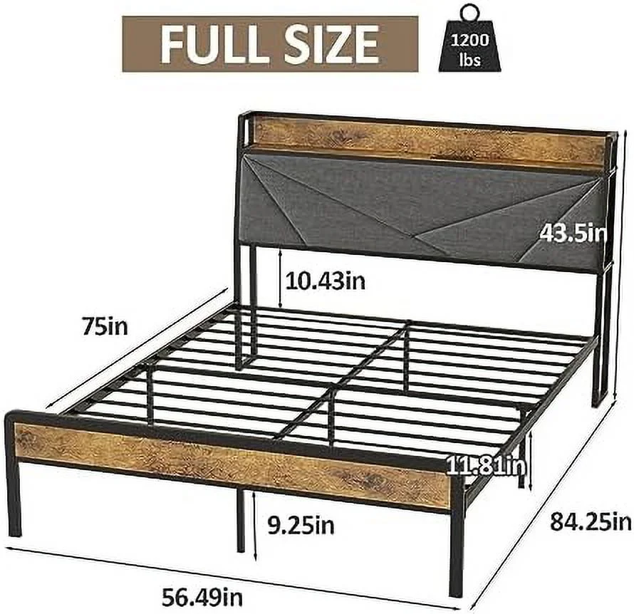 xrboomlife Queen Bed Frame with Charging Station and  Headboard Farmhouse Metal Platform Bed with Led Upholstered Headboard Queen Size Bed No Box Spring Needed  Easy to Install