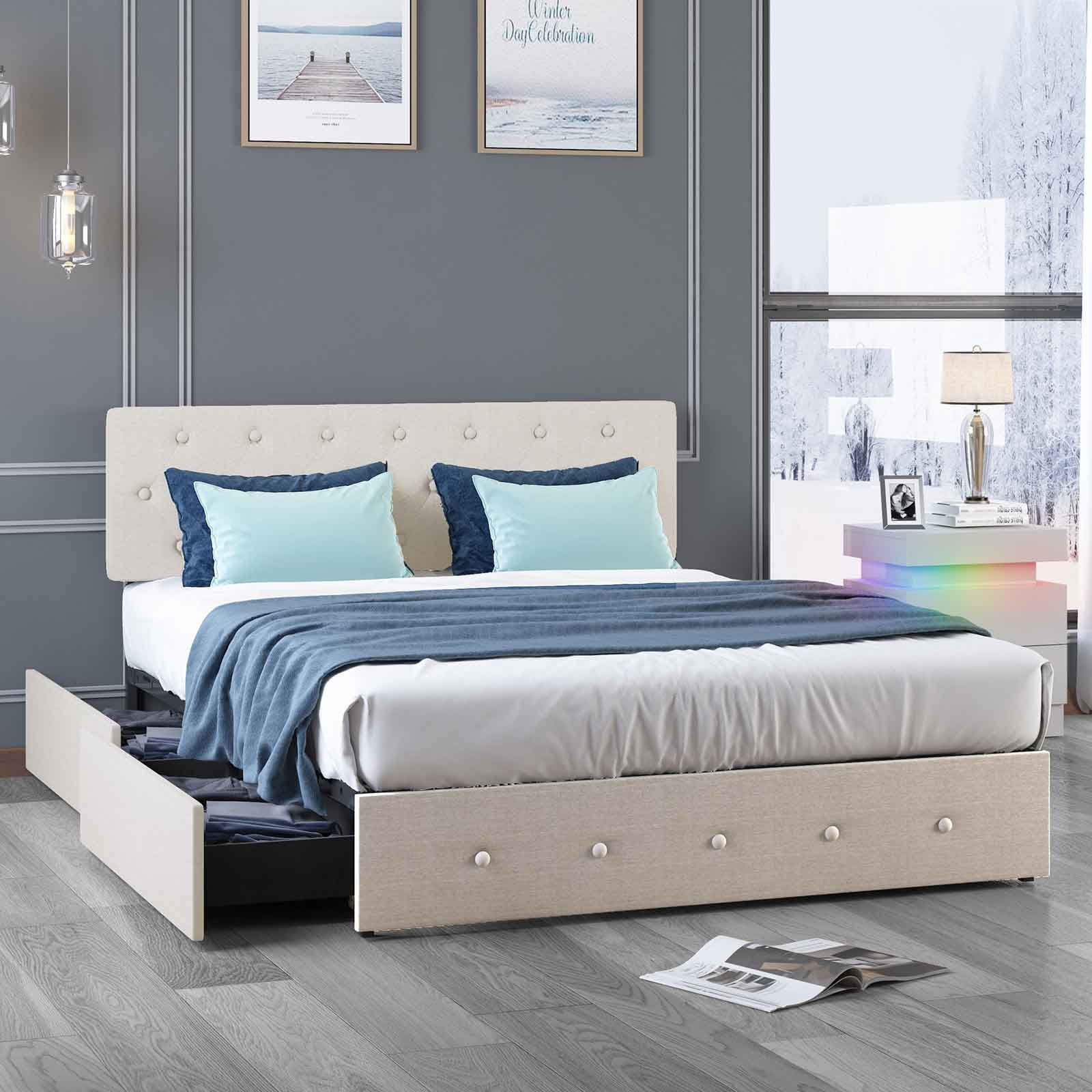 CECER Queen Size Bed Frame, Bed Frame with 4 Built-in Storage Drawers & Adjustable Headboard, Button Tufted Design- Beige