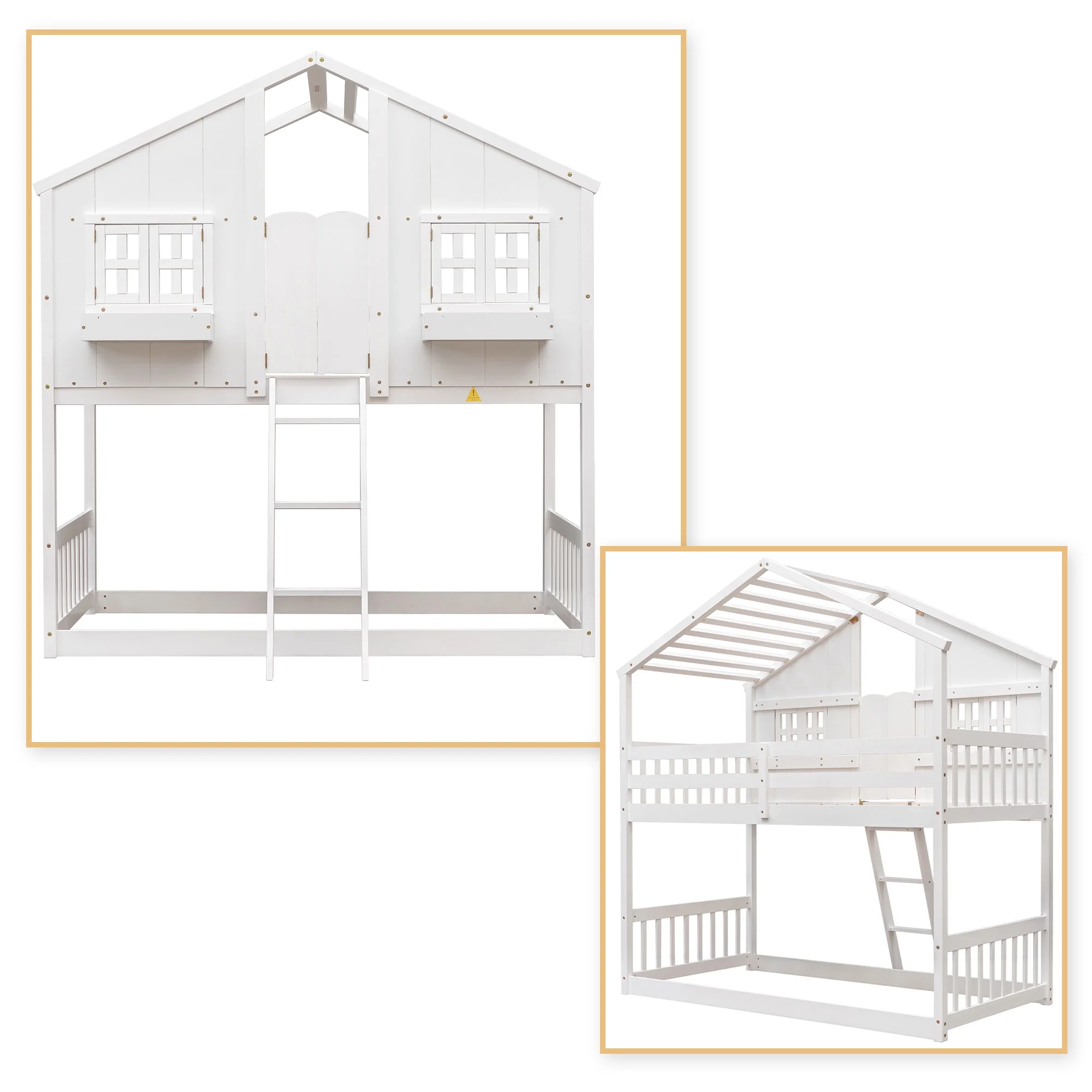 Classic Minimalist Wooden Frame Twin Size Loft Bunk Bed with Roof, Window, Guardrail and Ladder, White