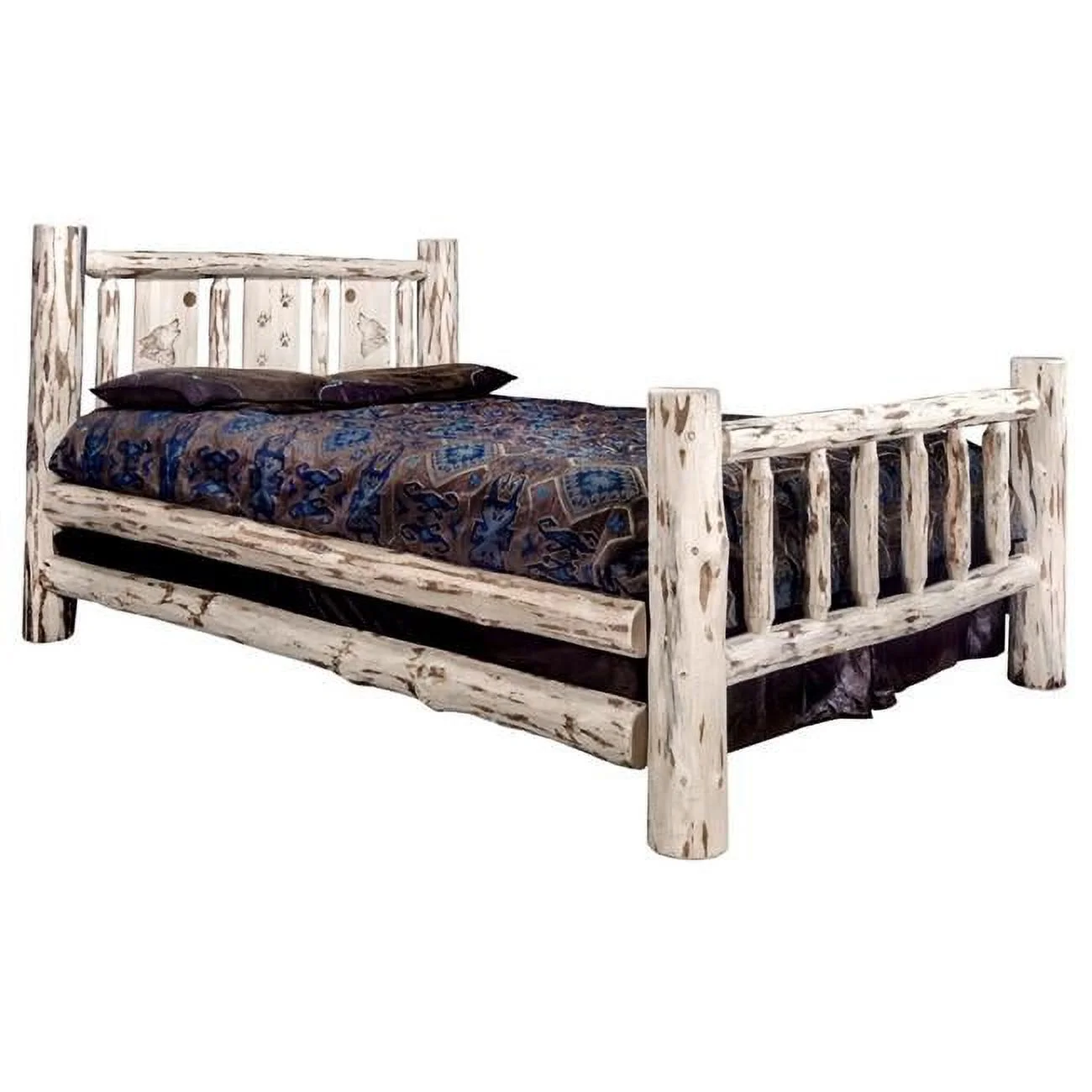 Montana Woodworks Wood Twin Bed with Laser Engraved Wolf Design in Natural