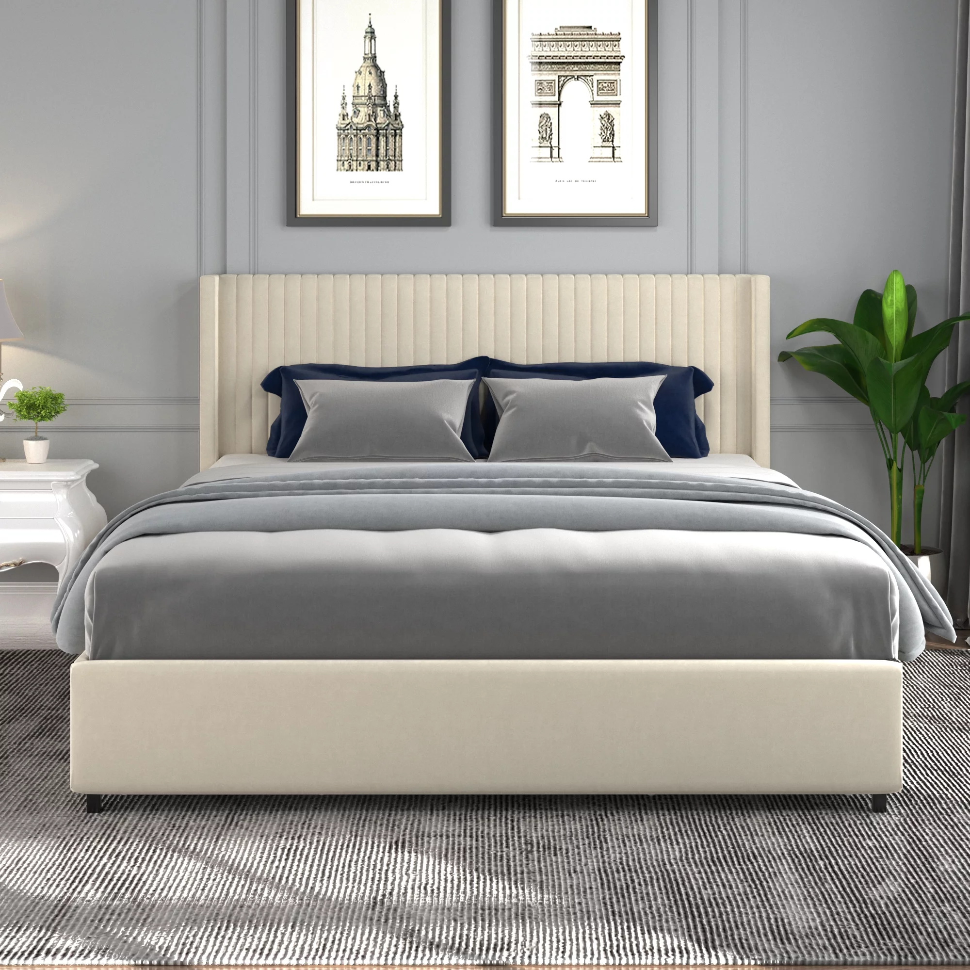 Momspeace Queen Size Bed Velvet Upholstered Bed Frame with Headboard and 4 Drawers Storage, Ivory