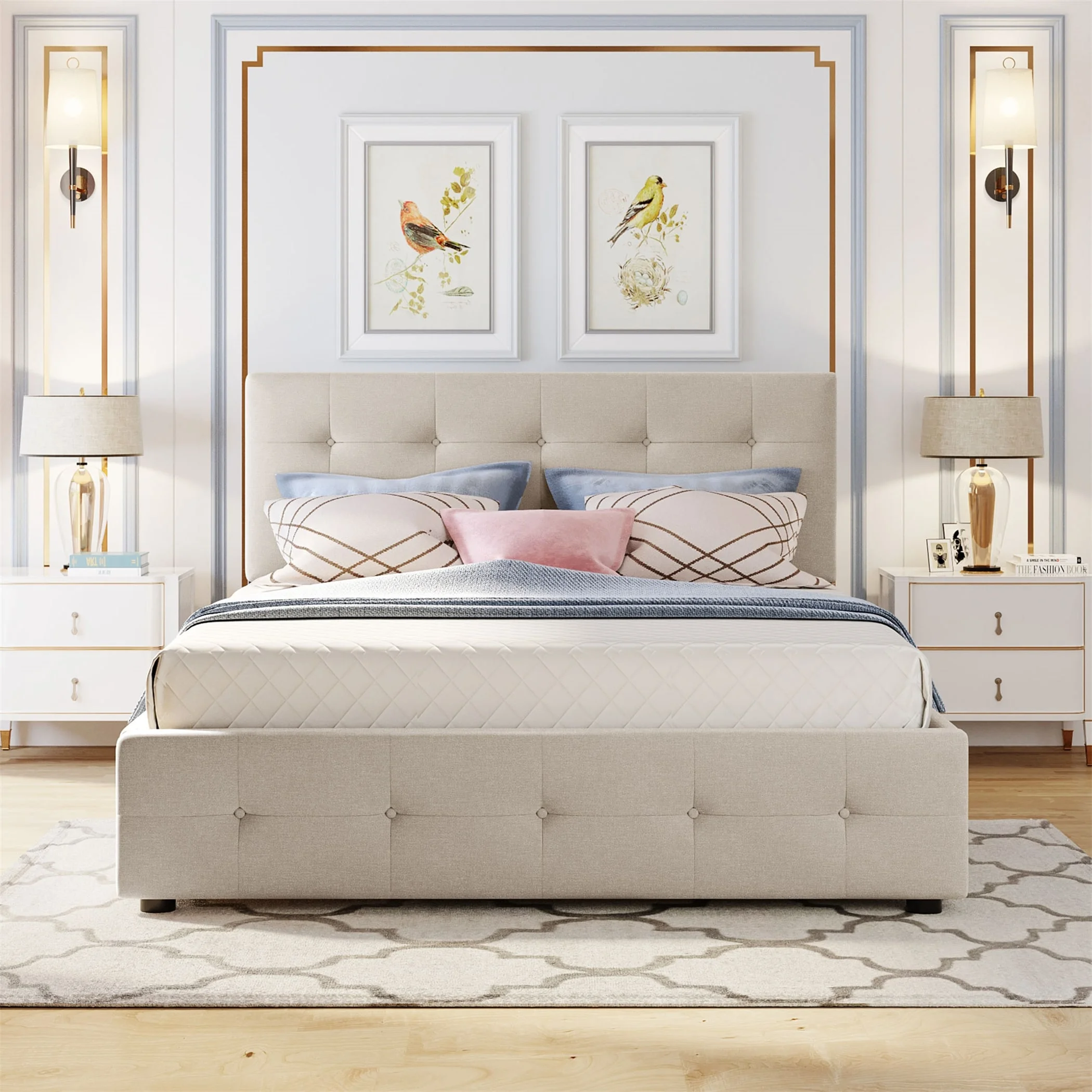 YJTONWIN Linen Upholstered Queen Size Platform Bed with Twin XL Trundle Light Grey