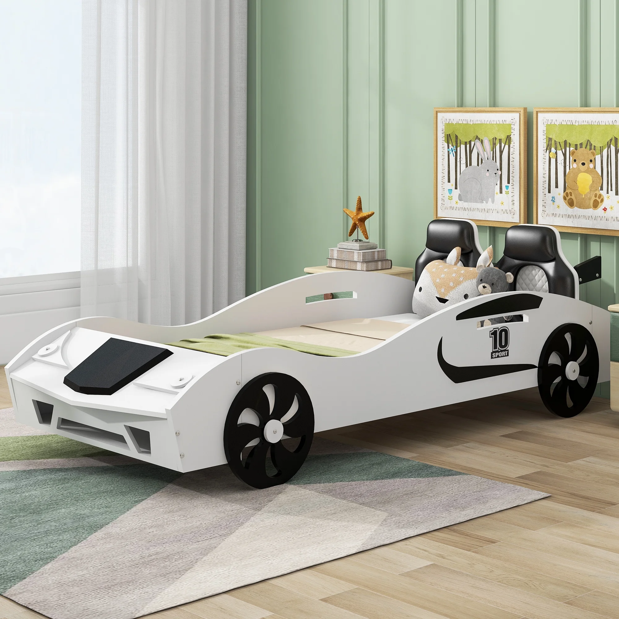 CoSoTower Twin Size Race Car-Shaped Platform Bed with Upholstered Backrest and Storage, White