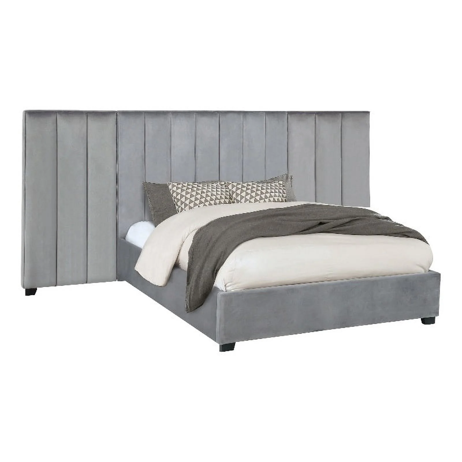 Pemberly Row Upholstered Velvet Queen Bedroom Set with Side Panels in Gray