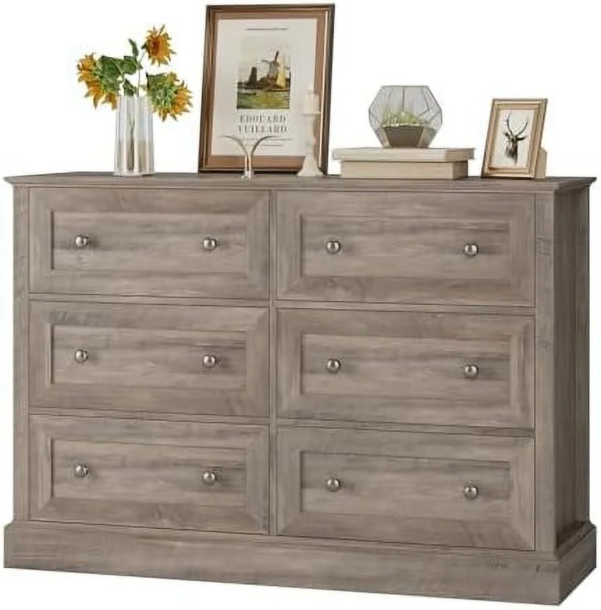 6 Drawer Double Dresser Wood Dresser Chest Wide Chest of Drawers with Deep Drawers & Mental Double Handles for Hallway Living Room Wash Gray