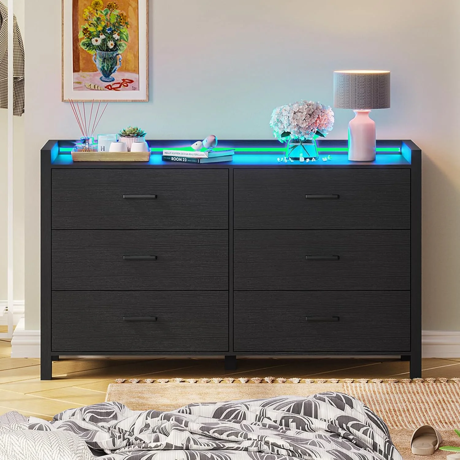 HBBOOMLIFE Black Dresser for Bedroom 6 Drawer Dresser with LED Light Wood Dressers & Chest of Drawers Modern Dresser for Bedroom Living Room Entryway