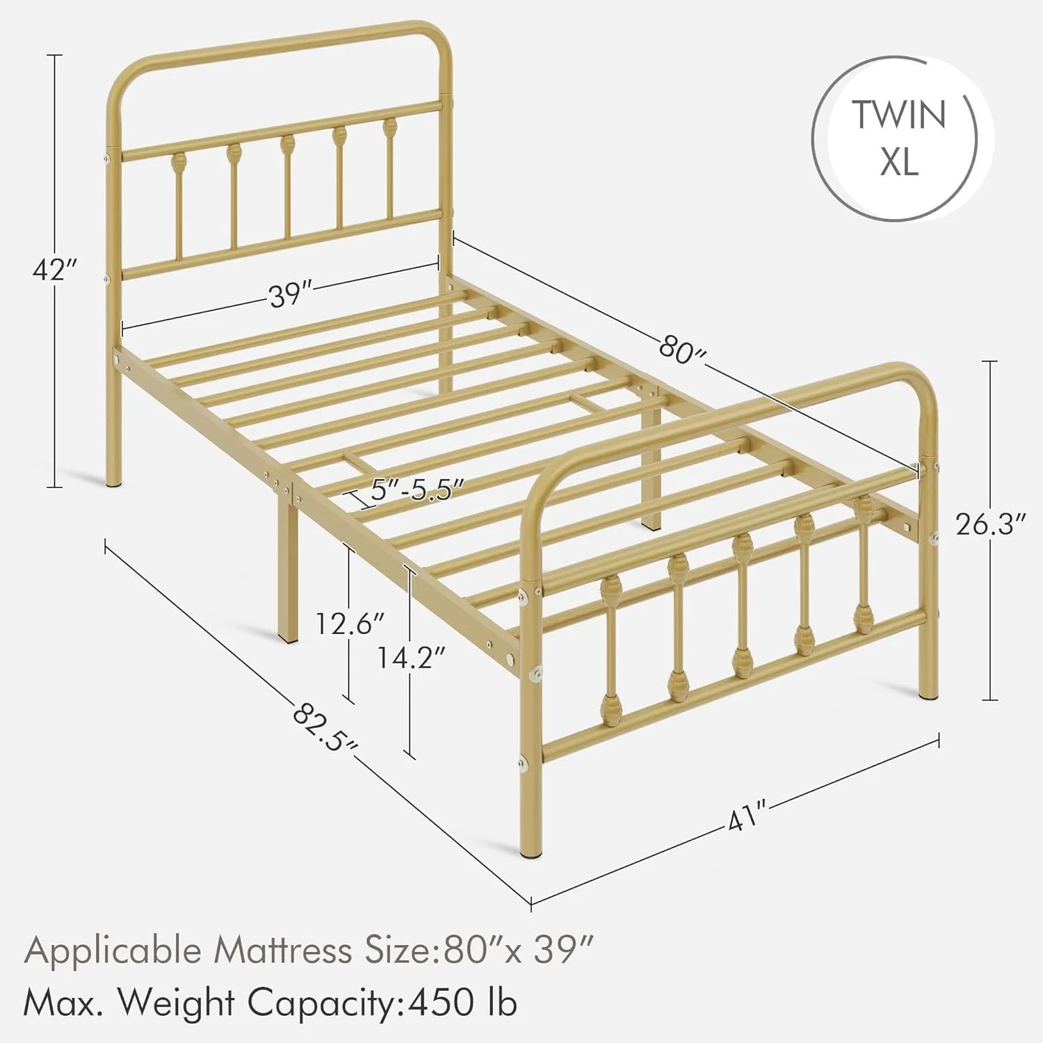 Classic Metal Platform Bed Frame Mattress Foundation with Victorian Style Iron-Art Headboard/Footboard/Under Bed Storage/No Box Spring Needed/Twin XL Size Antique Gold