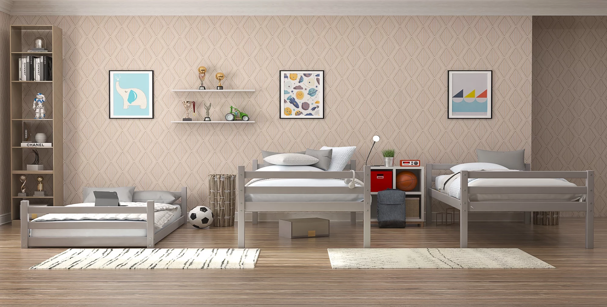 Campbell Wood Triple Twin Convertible Bunk Bed, Gray