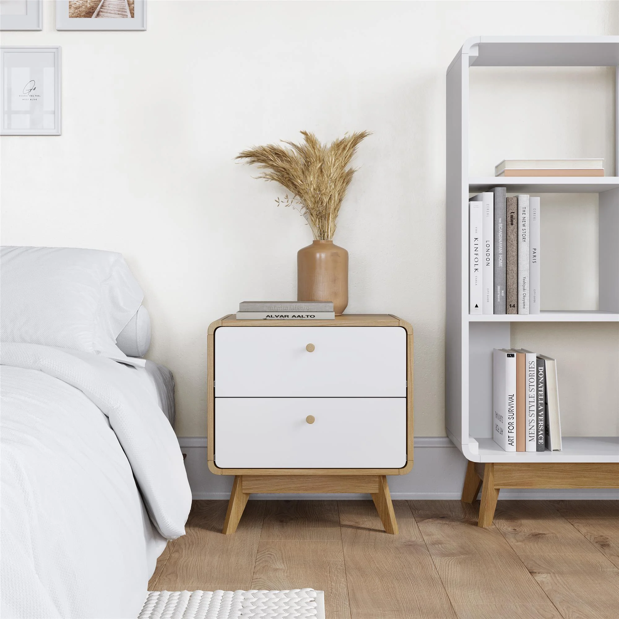 Ren Home Leva Scandinavian 2 Drawer Nightstand, Oak and White