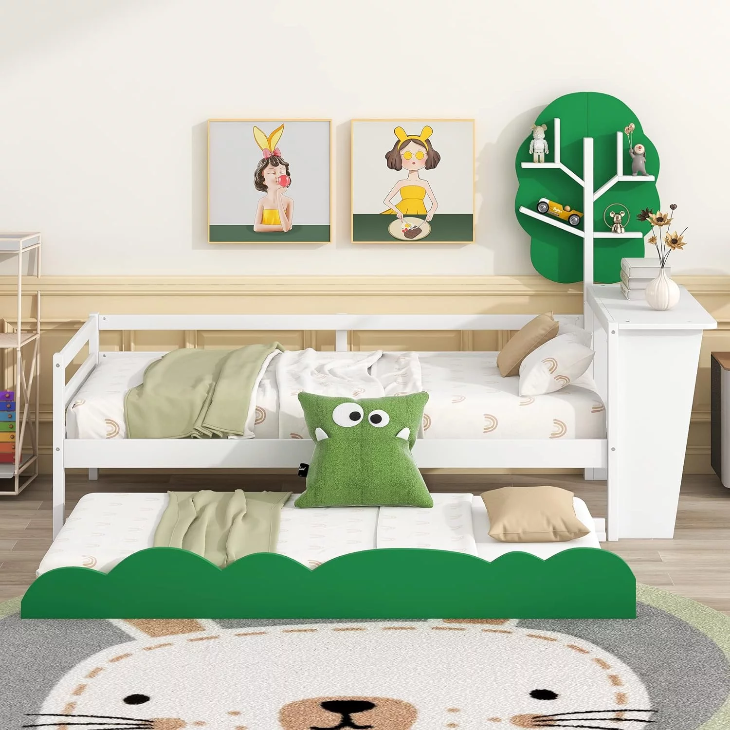 Daybed With 2 Drawers, Wood Size Daybed With Desk,Green Shelves, Storage Bed With Wood Slat Support For Kids Girls Boys, White