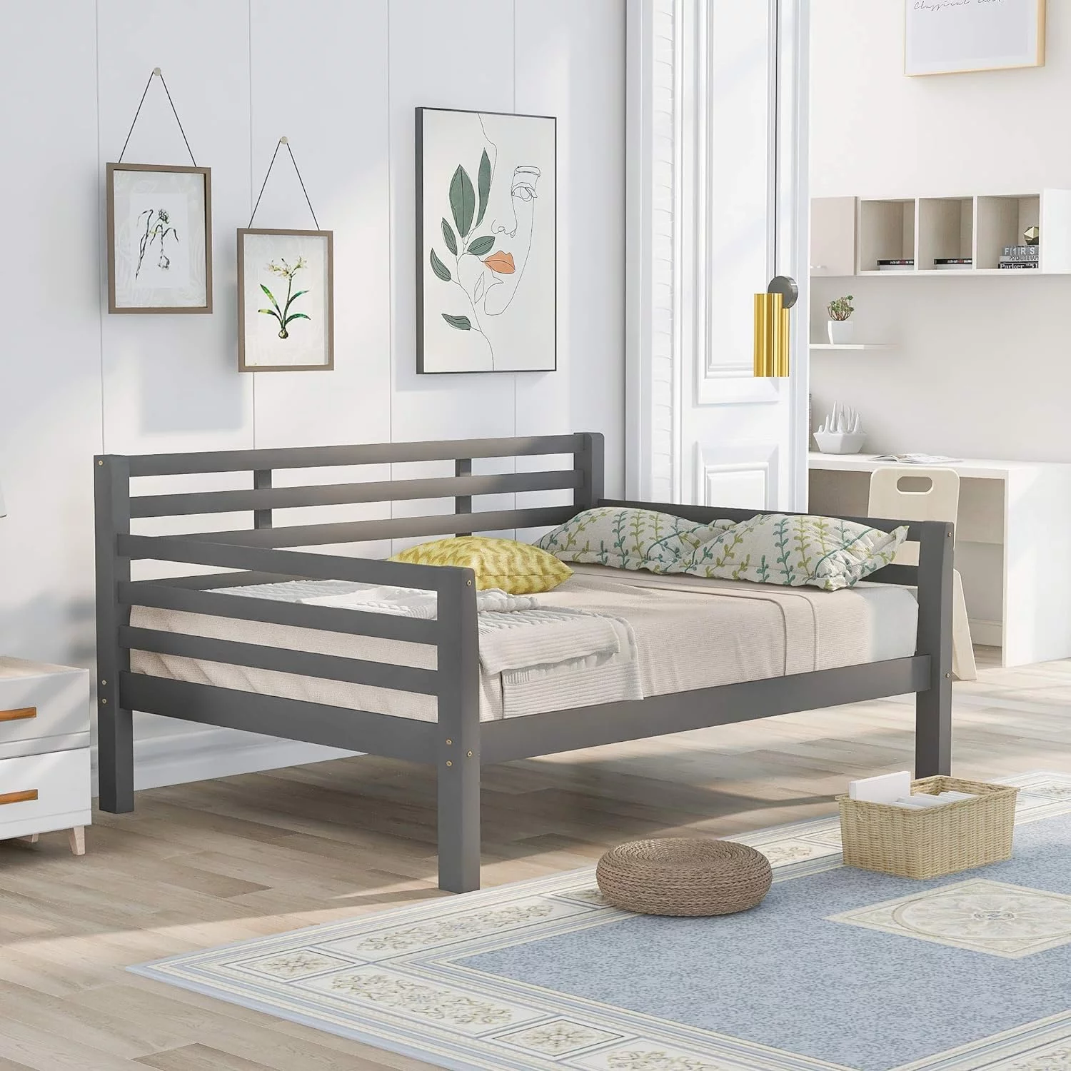 Full Size Daybed Frame,Wooden Full Day Bed With Wood Slat Support,Full Frame,Full Sofa For Bedroom,Living Room,No Box Spring Needed,(Full Size,Gray),Gray Clean Lines