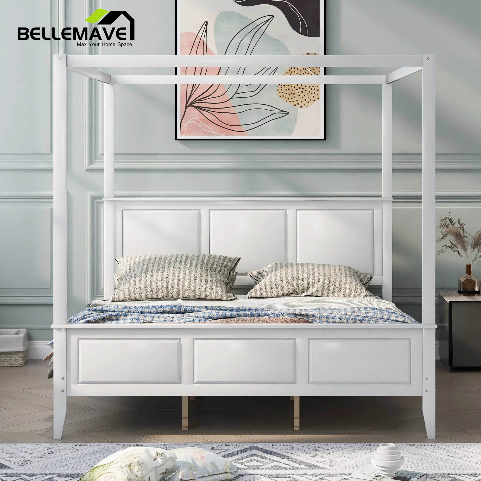 Bellemave White Wood Frame King Size Wood Canopy Bed Platform Bed with Four Posters, Headboard and Footboard  for Adult, Wood Frame Platform Bed King Size for Bedroom