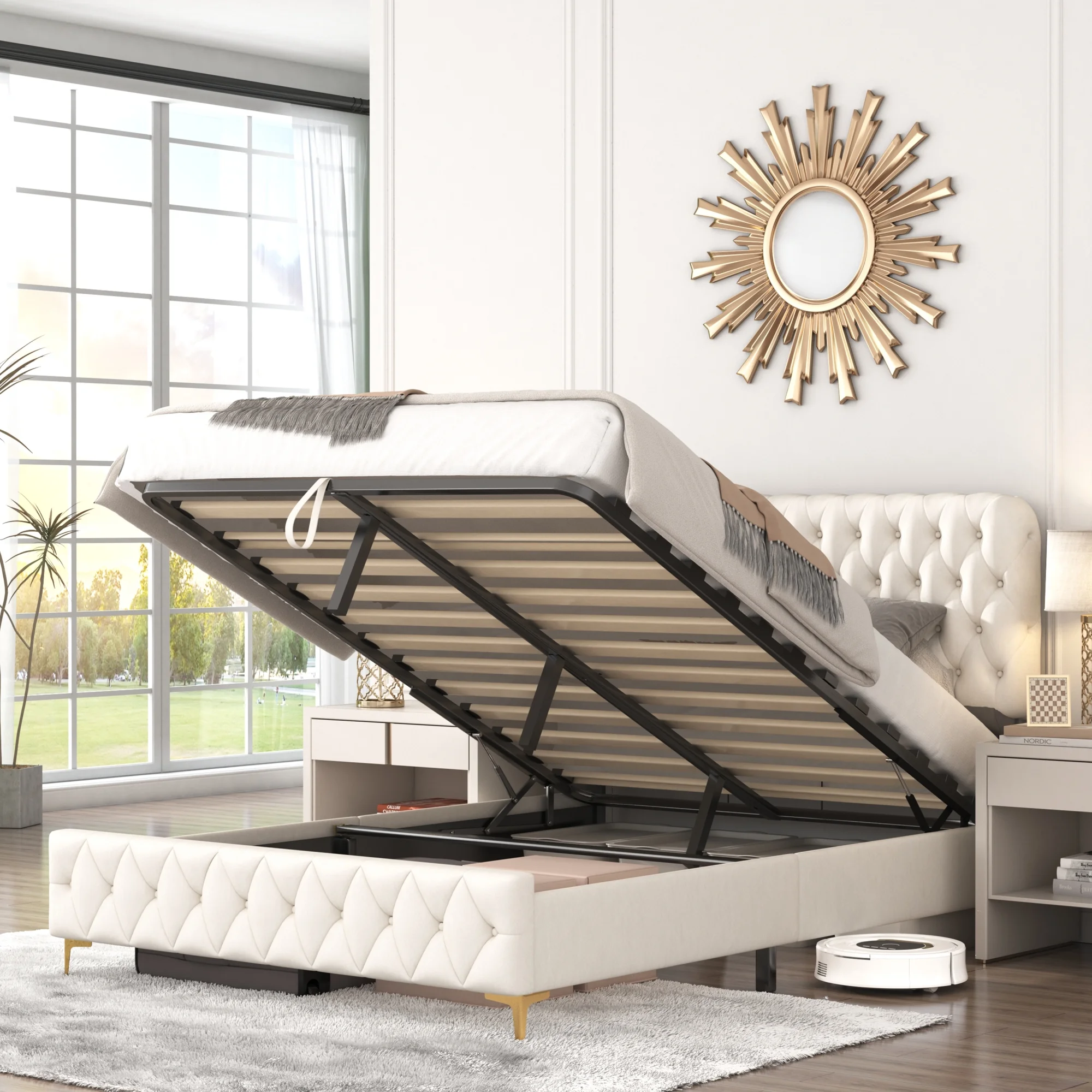 Beige Full Platform Bed Frame with Pneumatic Hydraulic Function, Velvet Upholstery, Deep Tufted Buttons, and Hidden Underbed Storage