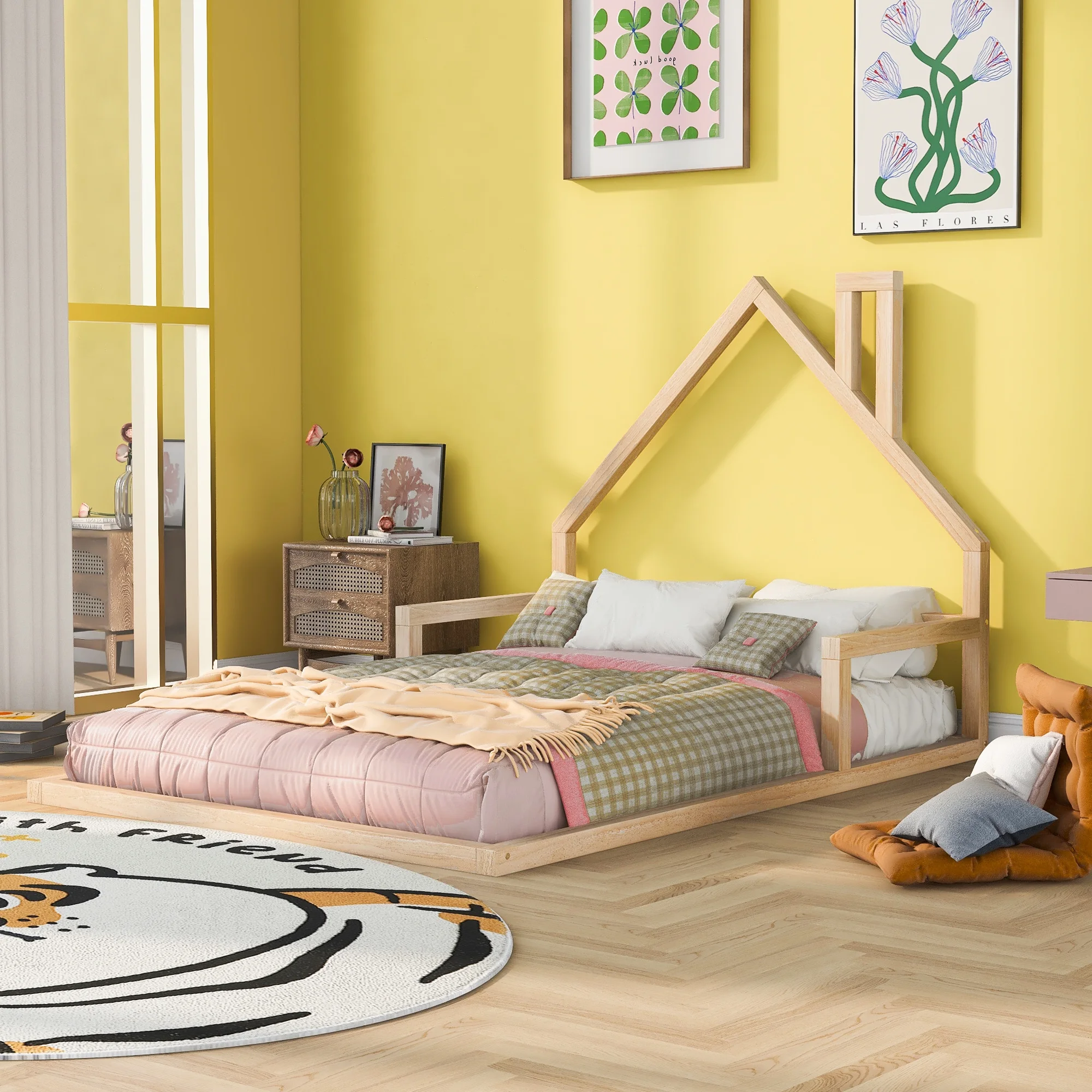 Euroco Full Size Wood Floor Bed for Kids Room, Natural