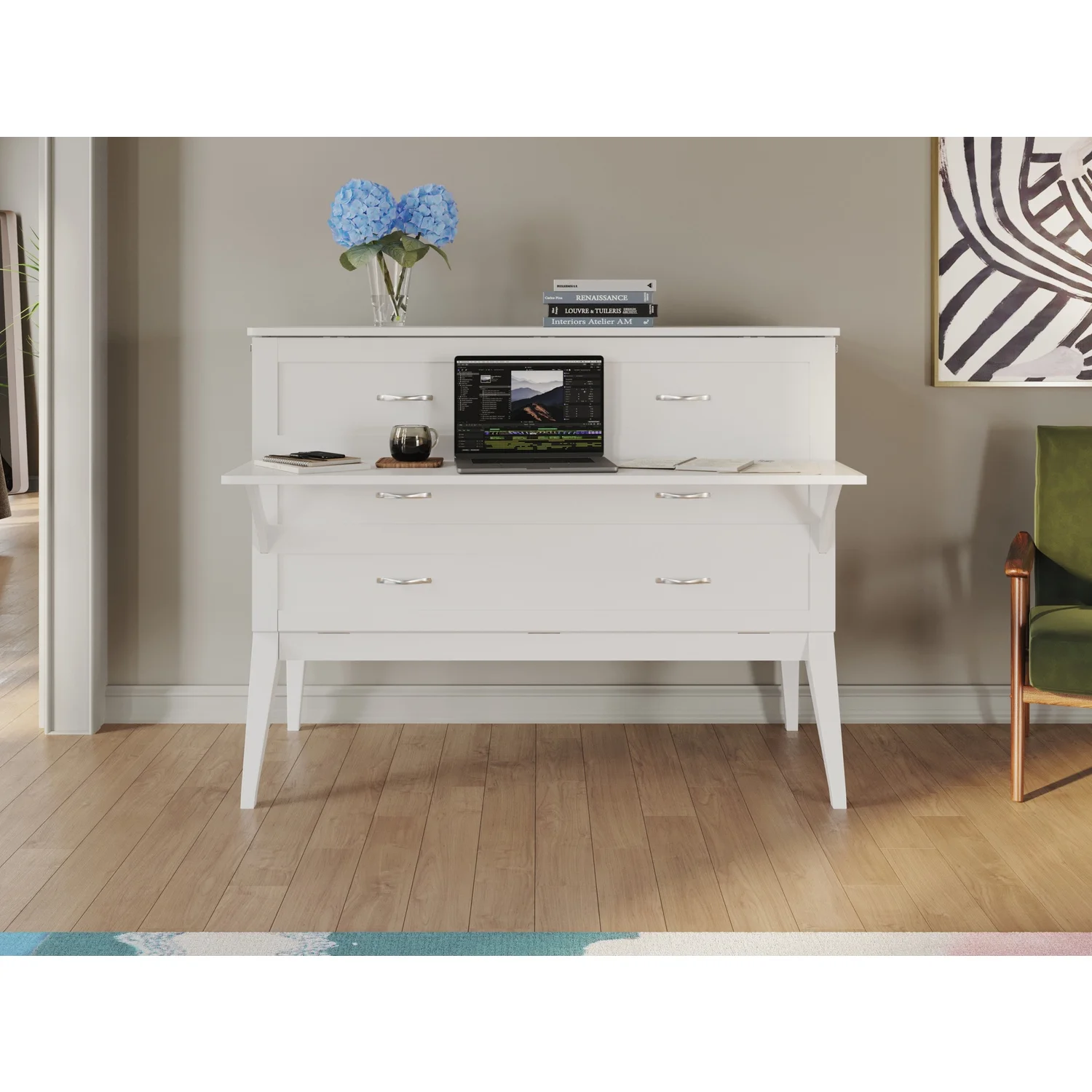 Northampton White Solid Wood Frame Full Size Murphy Bed Desk with Mattress