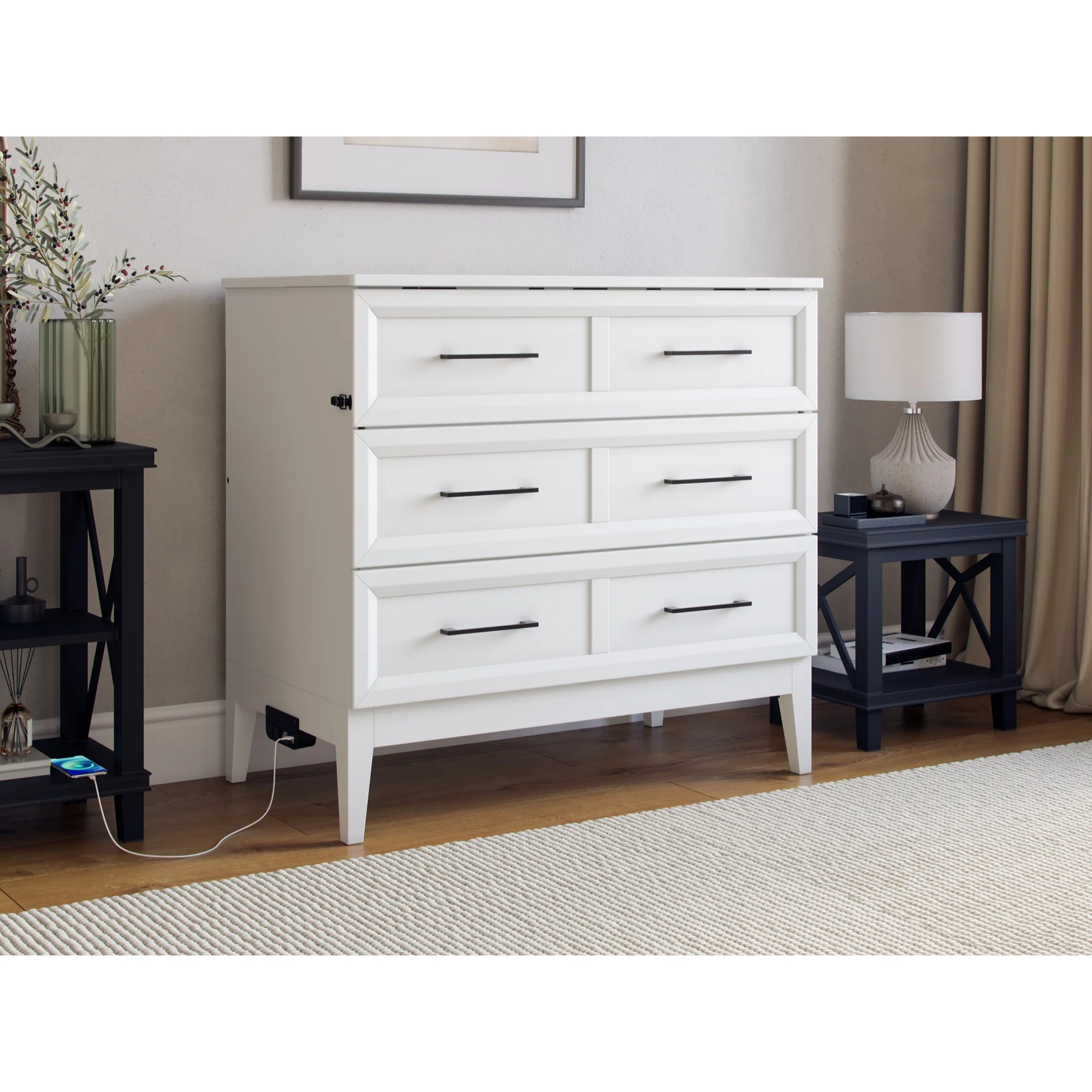 Santa Fe Twin Murphy Bed Chest with Mattress & Built-in Charger in White