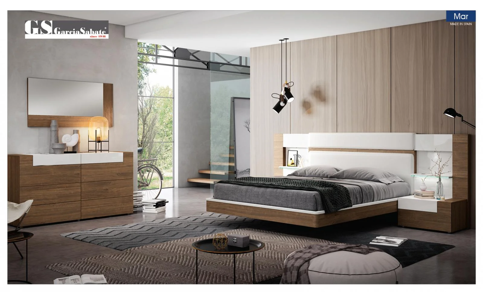 Walnut & White Finish King Bedroom 5Pcs w/Double Dresser Made in Spain Soflex Mar