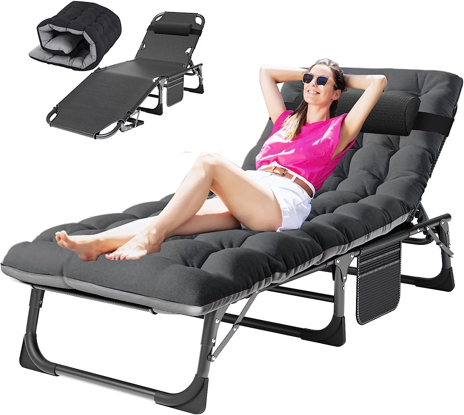 ABORON Folding Camping Cot with 2-Sided Mattress & Pillow, Adjustable 5-Position Folding Lounge Chair, Folding Sleeping Cots Guest Bed
