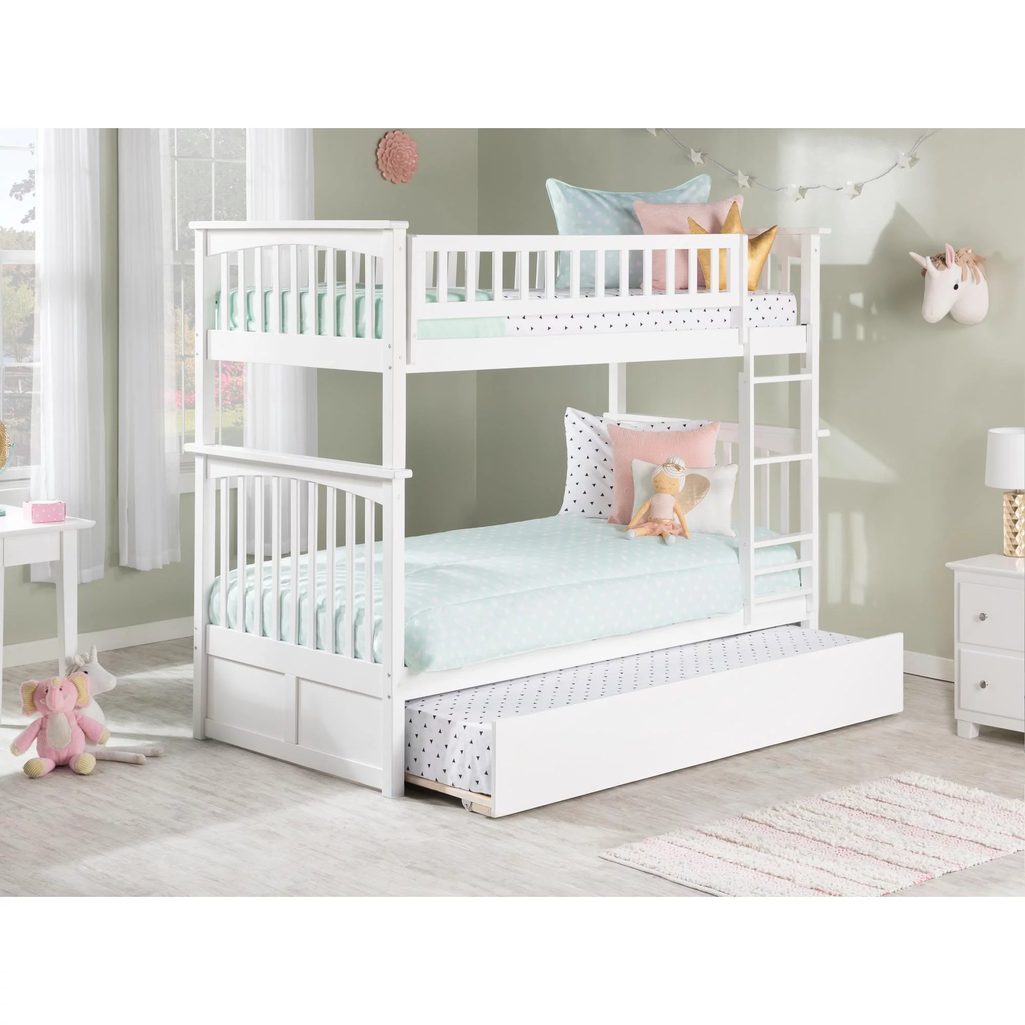 Columbia Bunk Bed Twin over Twin with Twin Size Urban Trundle Bed in White