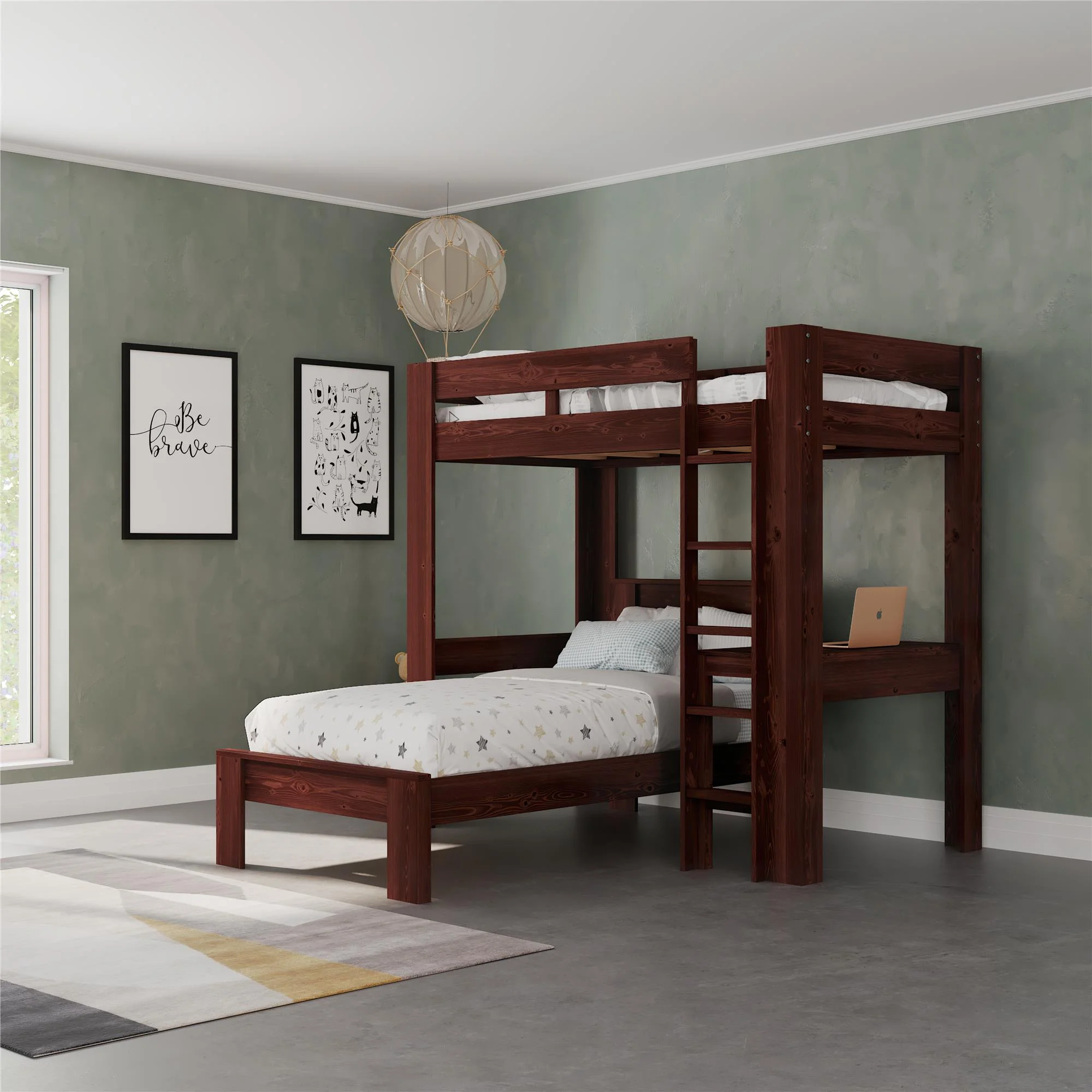 DHP Jaymee Kids Loft Bed with Desk in Solid Wood, Twin, Nutmeg