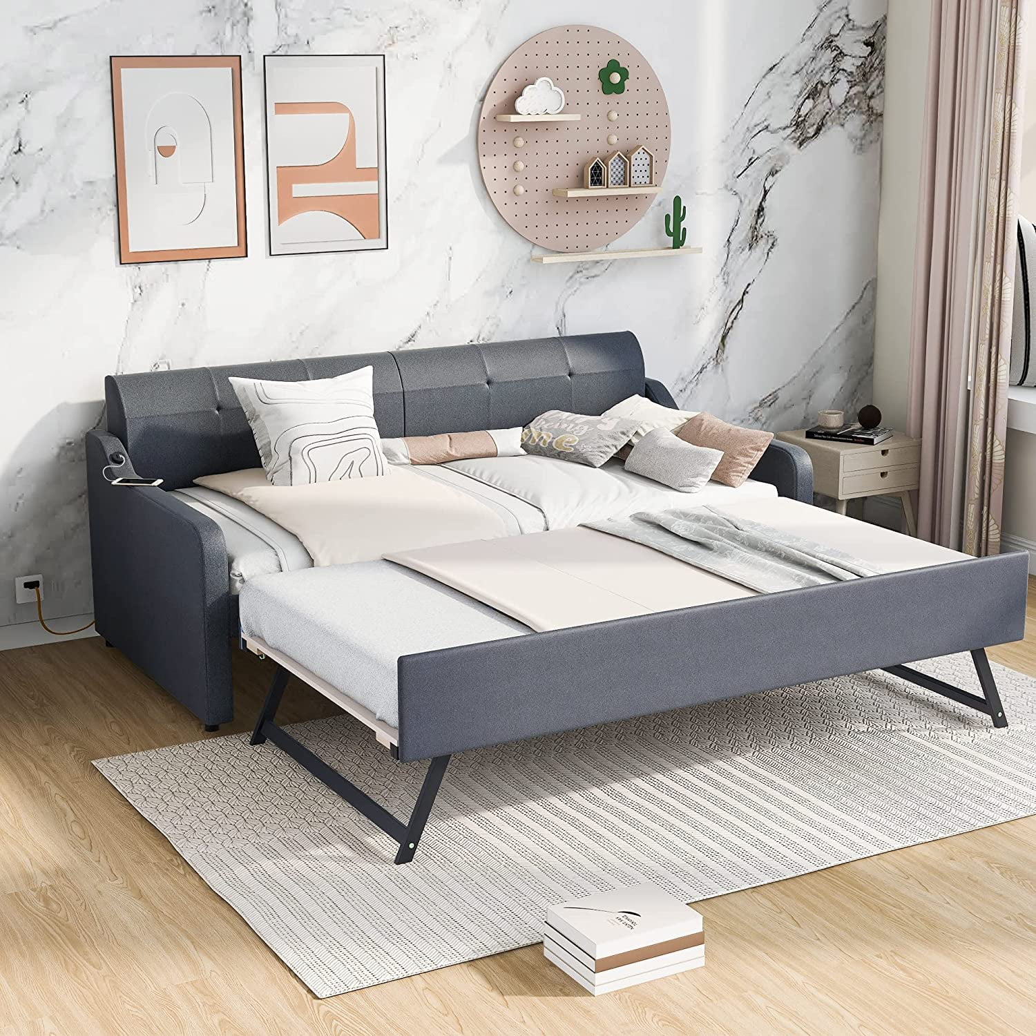 Daybed Frame With Trudle, Upholstery Day Bed Frame With USB Chargig Ports, Moder Sofa Beds With Adjustable Trudle For Livig Room Bedroom Guest Room, Size, Gray