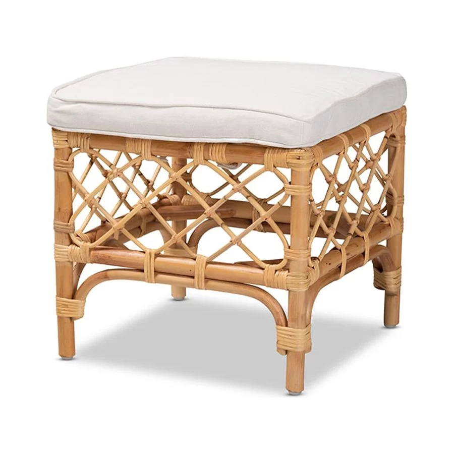 Baxton Studio Orchard Modern Bohemian White Fabric Upholstered and Natural Brown Rattan Ottoman