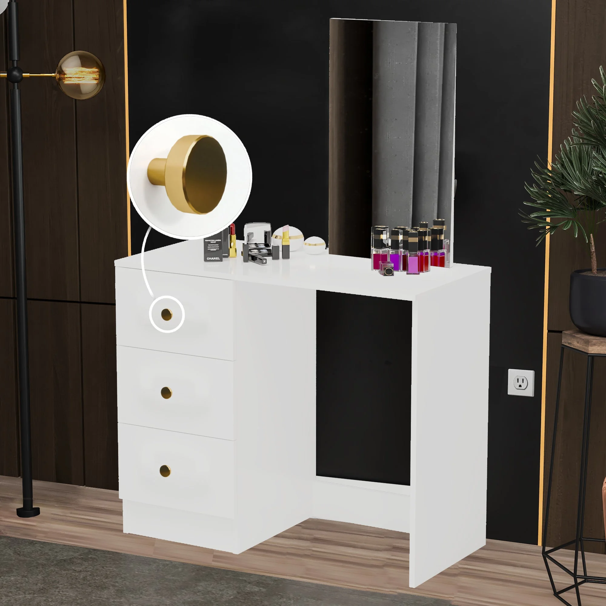 Boahaus Kira MINI Modern Makeup Vanity Desk with Mirror, Golden Knobs, 3 Drawers, White