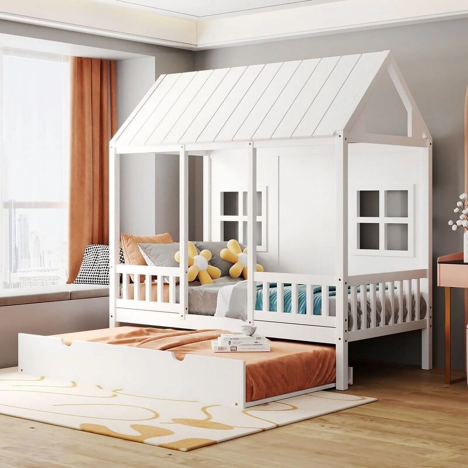 Unbranded Full Size Log Cabin Bed With Casters, Solid Wood Sofa Bed, White White