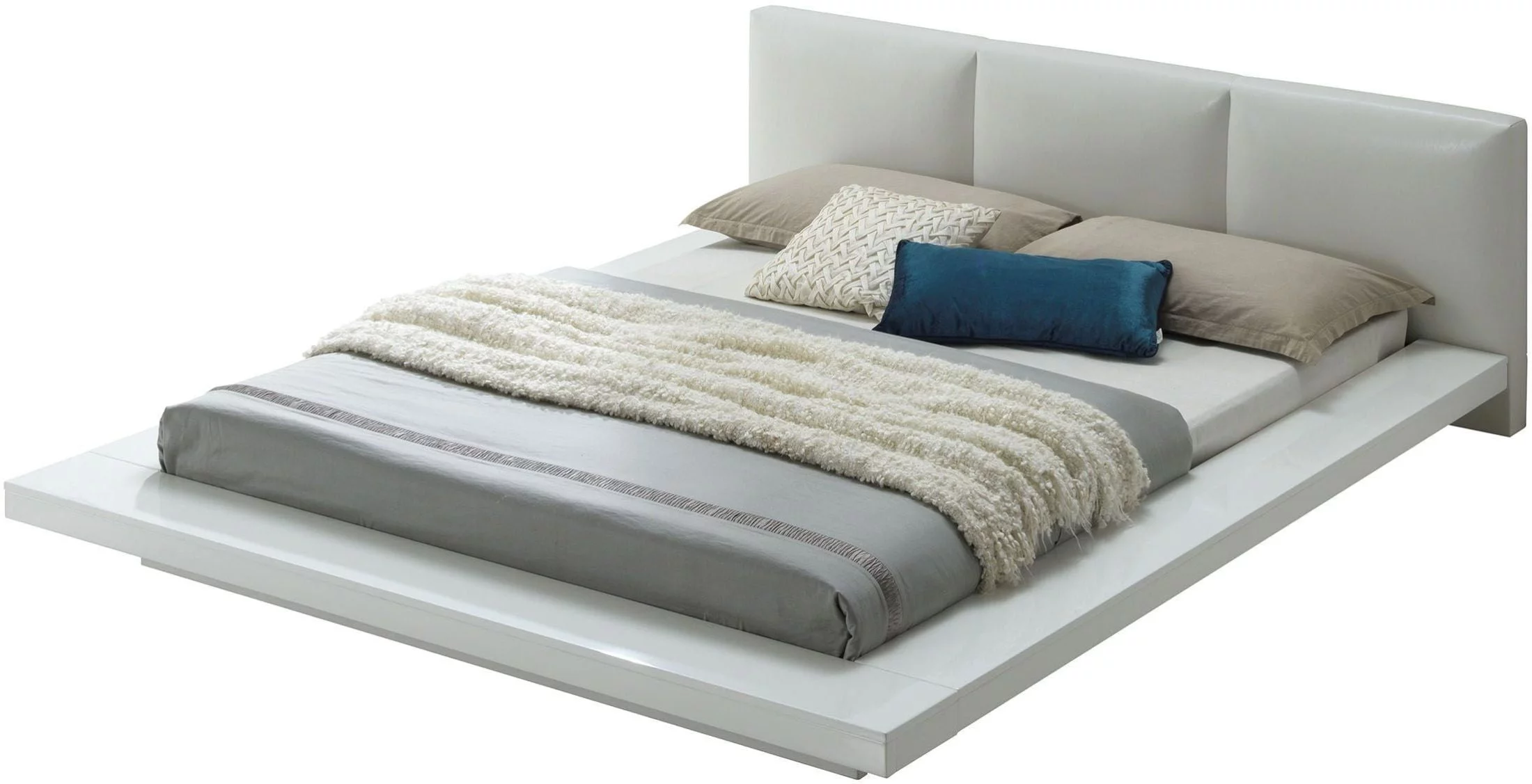 Beautiful Bedroom White Color High Gloss Lacquer Coating Queen Size Bed Dresser Mirror Nightstand Lovely 4pc Set Low profile Bedframe