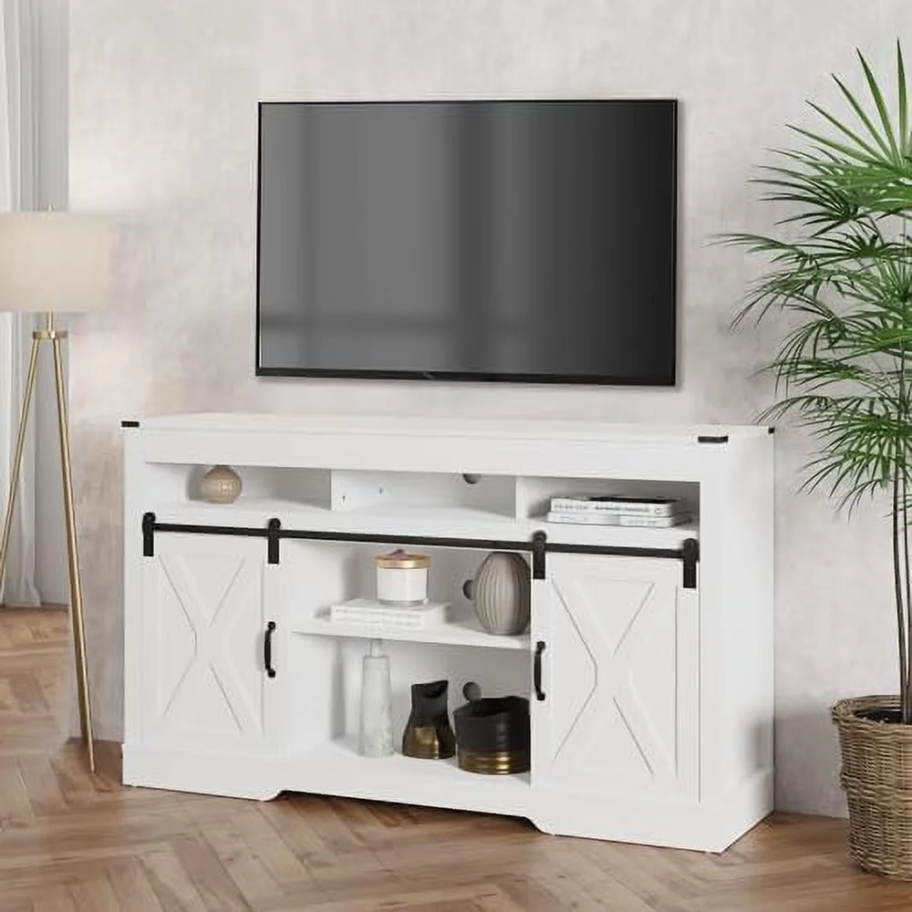 3-Tier 34" Tall Large  TV Stand with Sliding Barn Doors for TV Up to 65"  Media Entertainment Center with Adjustable Shelves and Cable Holes  TV Console Table for Living Room  Bed