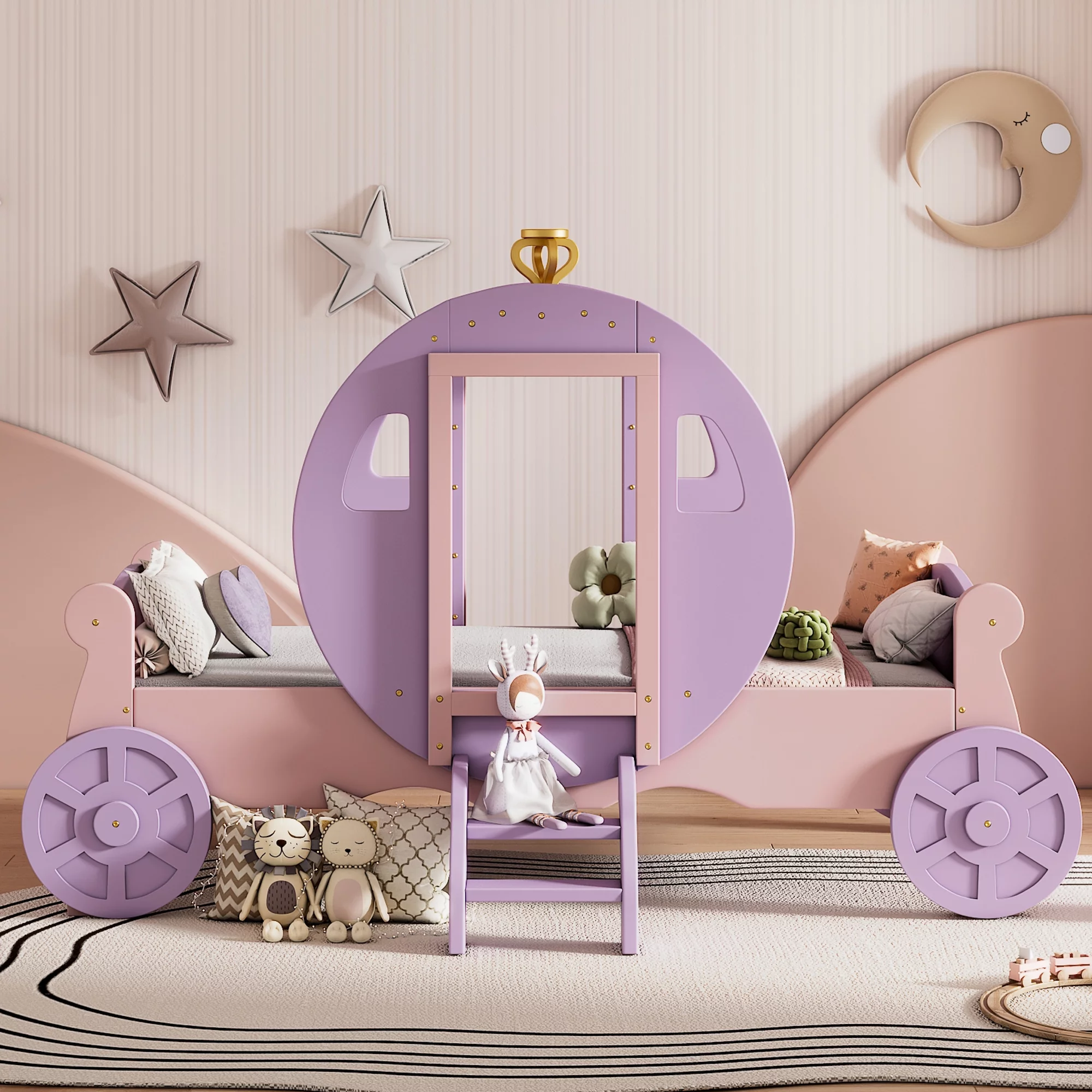 CoSoTower Twin size Princess Carriage Bed with Crown,Wood Platform Car Bed with Stair,Purple+Pink