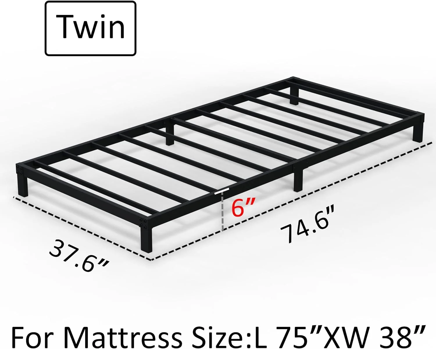 Lutown-Teen 6 Inch Low Profile Twin Bed Frames No Box Spring Needed, Heavy Duty Metal Twin Platform Bed Frame, Noise Free, Easy Assembly, Black