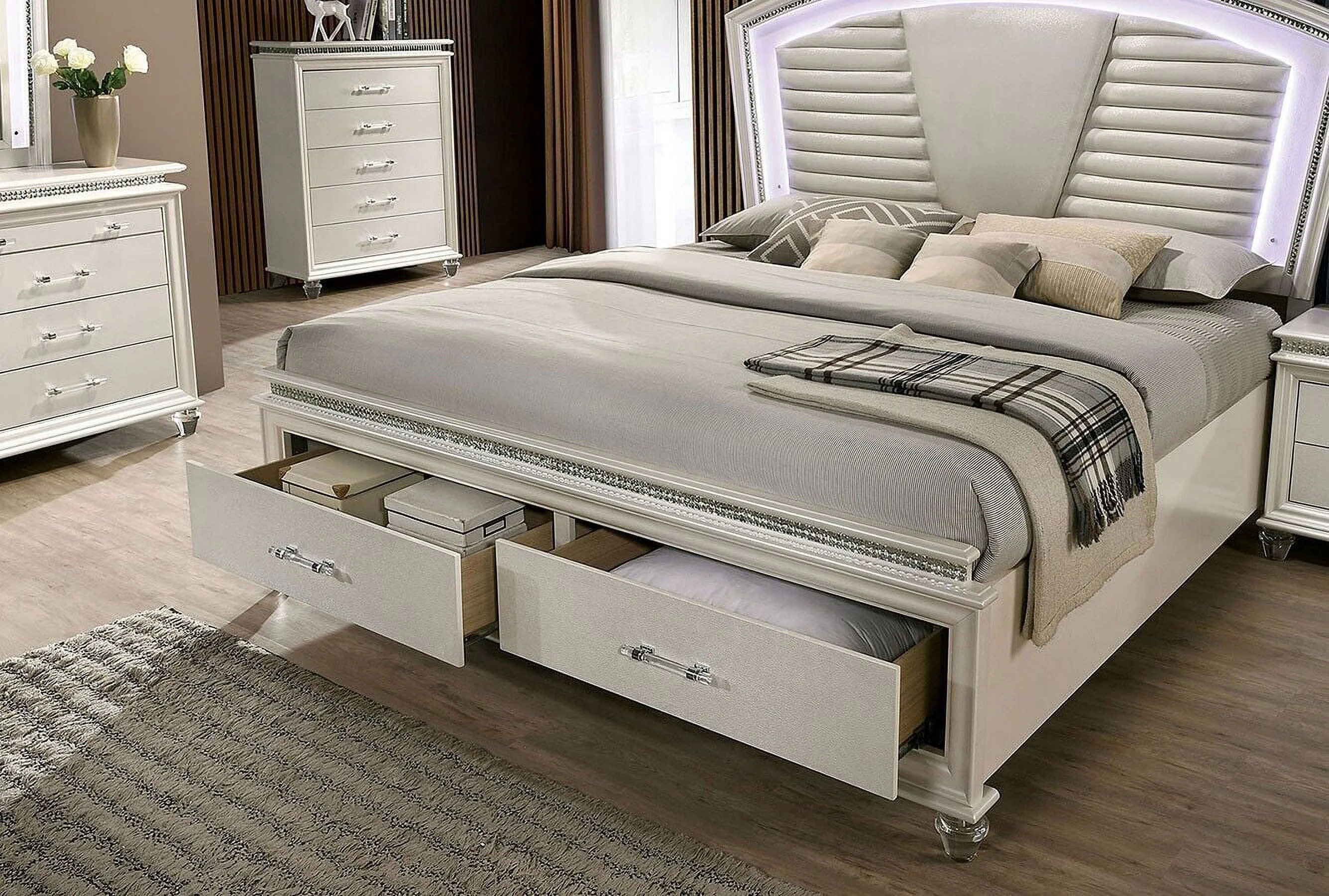 1pc Cal King Size Bed Pearl White Color Contemporary Bedroom Furniture Storage Footboard Padded Headboard w LED Acrylic Legs