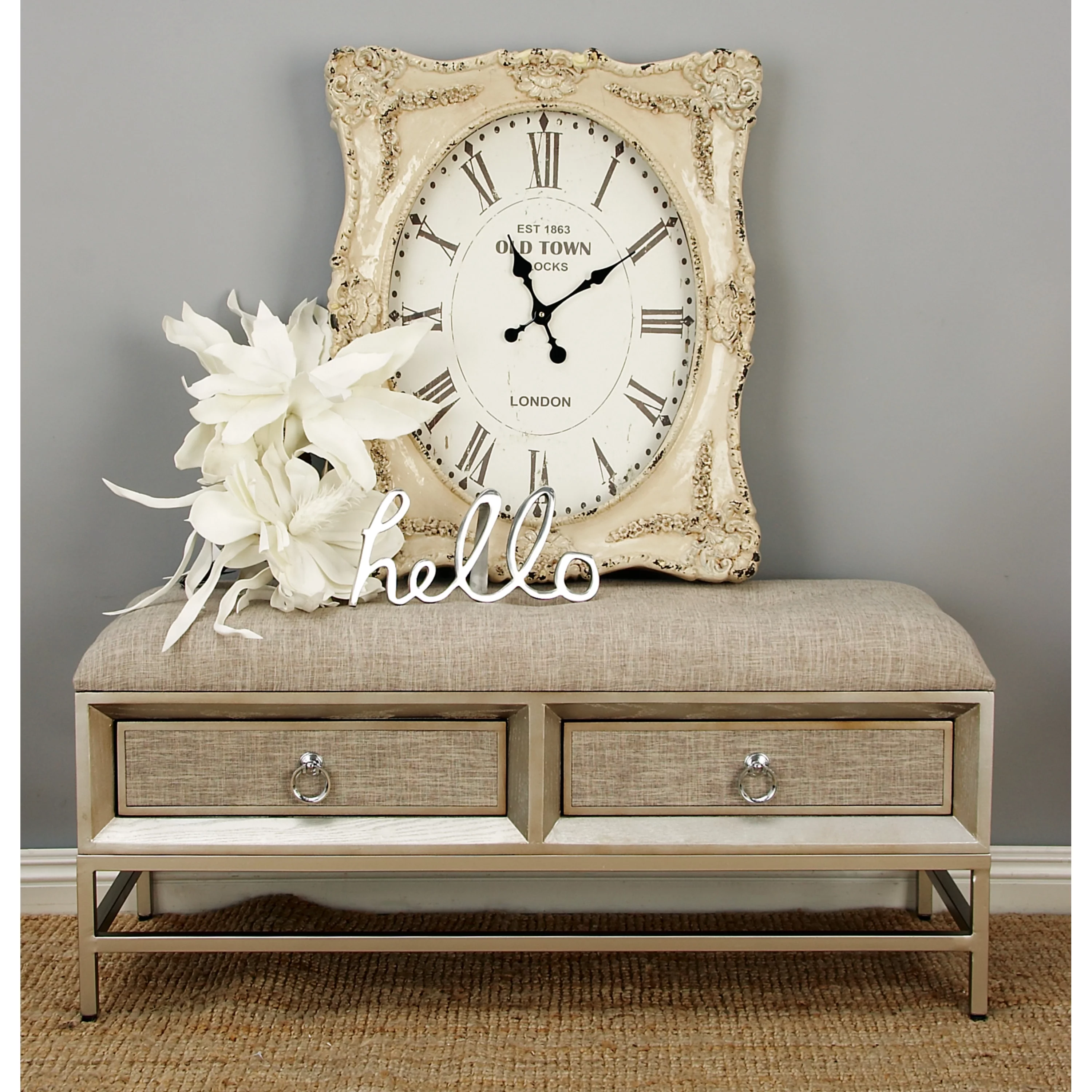 DecMode Linen Upholstered Front Panel Storage Bench with Tufted Seat and Ring Handles, Beige