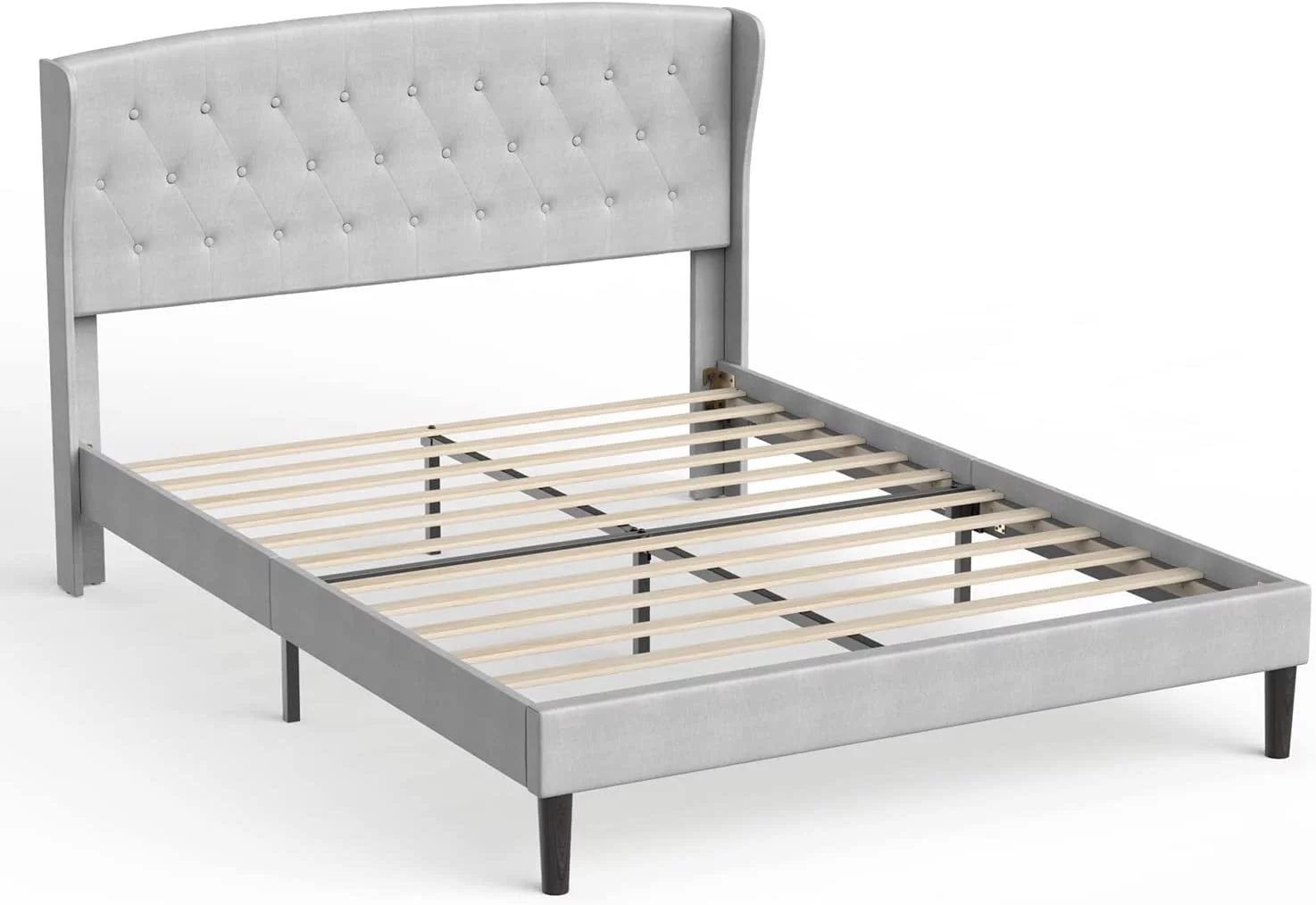 Bonsoir Queen Size Upholstered Traditional Low Profile Platform Bed Frame with Tufted Wing Back Headboard/No Box Spring Needed/No Bed Skirt Needed/ Linen Fabric Upholstery/Light Grey