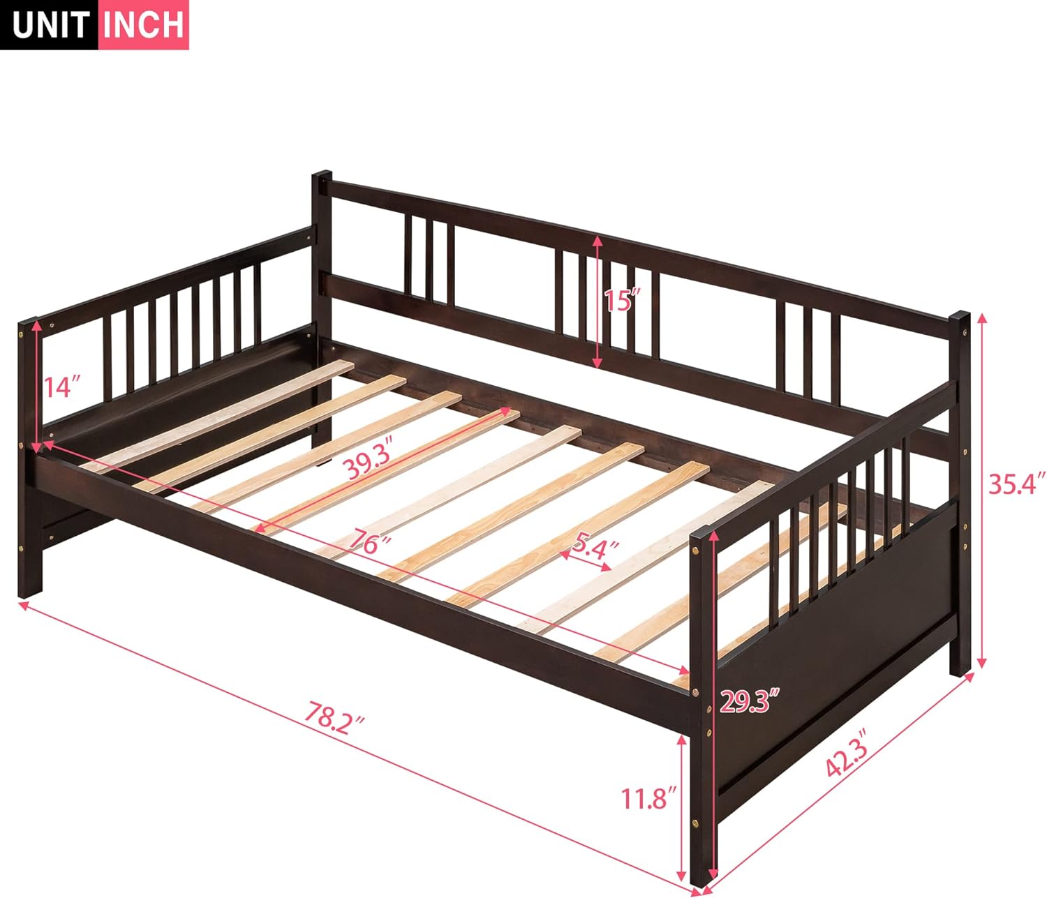 Daybed Frame, Wood Daybed With Rails, Sofa Bed With Slat Support, Platform o Box Sprig, Espresso