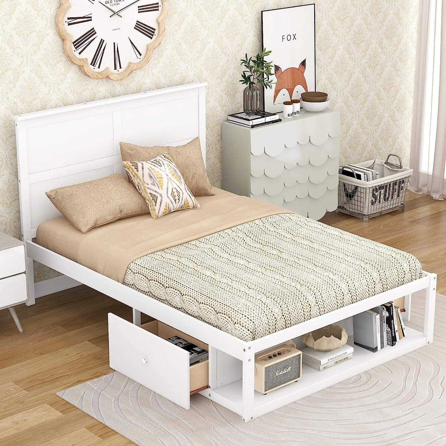 Full Size Platform Bed With 2 Storage Drawers Ad Shelves, Wood Full Bed Frame With Headboard For Bedroom, o Box Sprig eeded, Mattress Foudatio (Full, White)