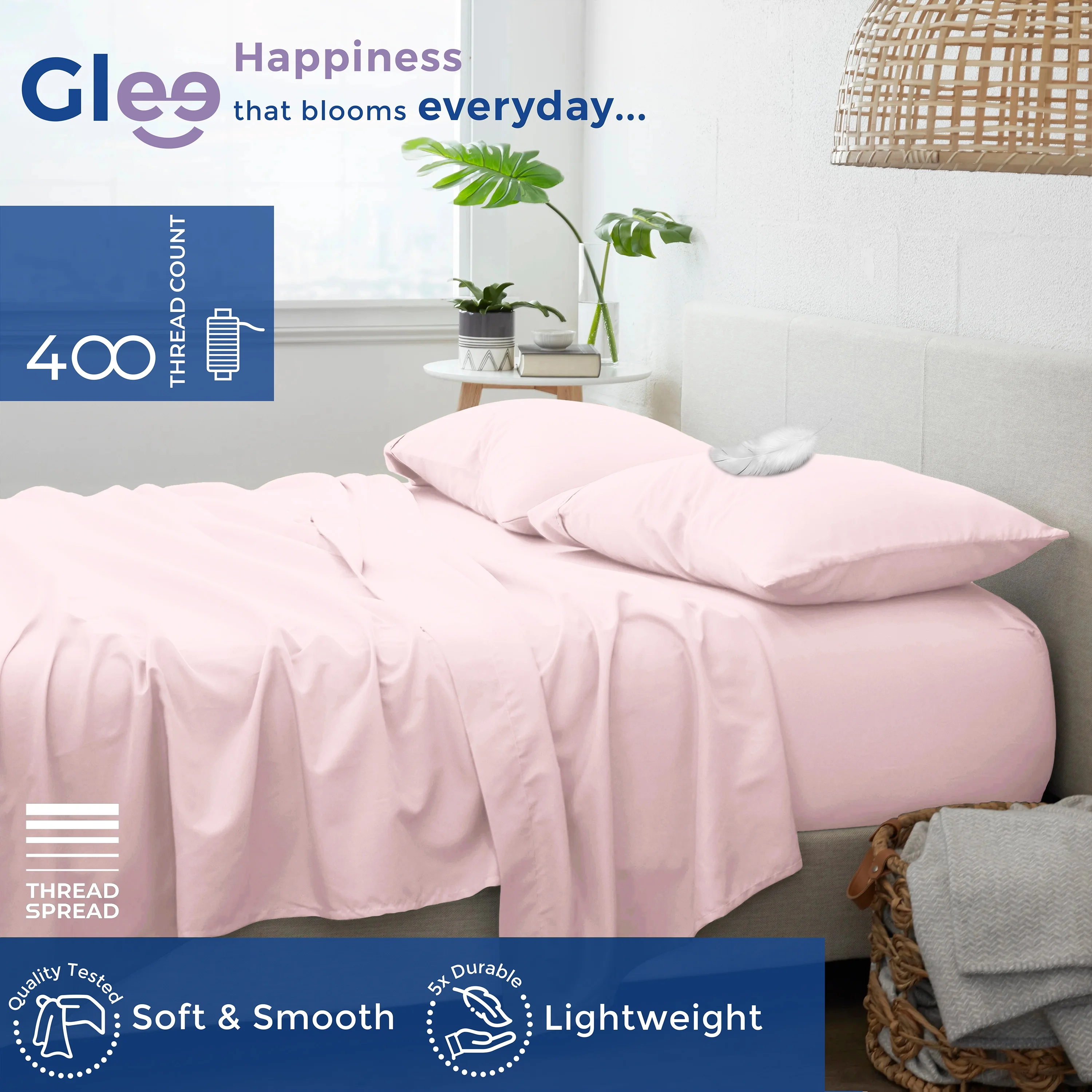 THREAD SPREAD 100% Cotton California King Bed Sheets Set, 400 Thread Count Sateen Sheets (Blush)