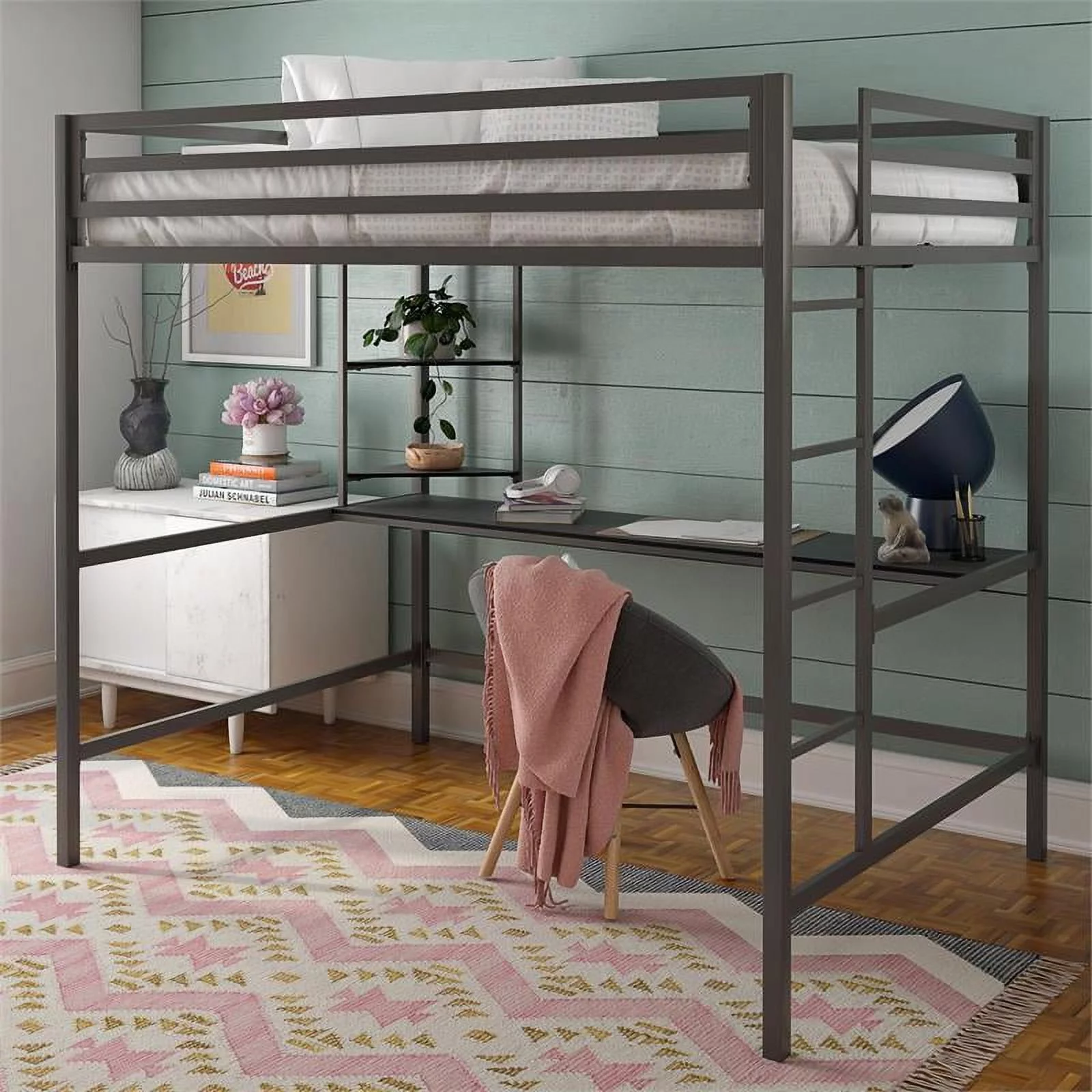 Pemberly Row Metal Full Loft Bed with Desk in Gray & Black