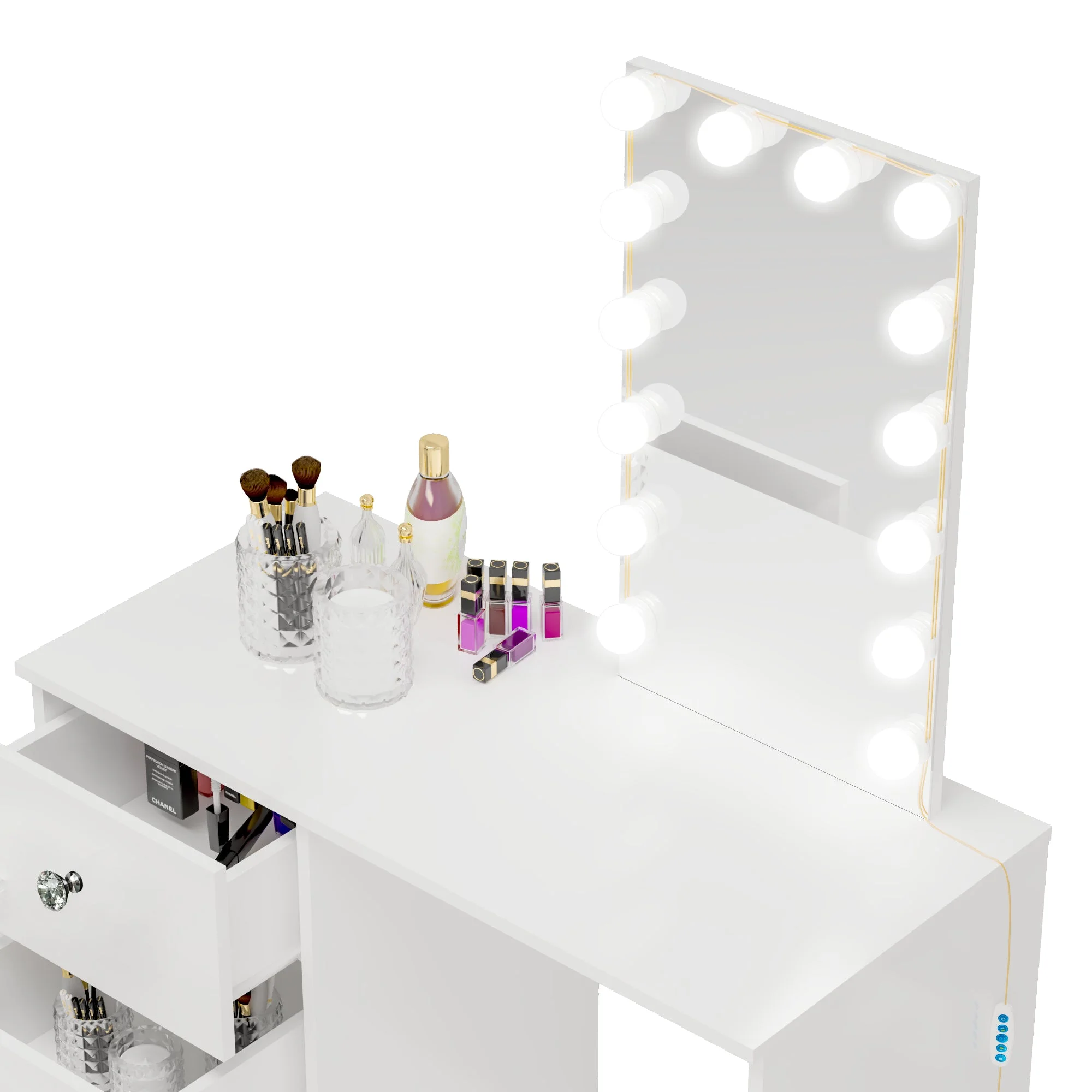 Ember Interiors Ava Modern Vanity Table with Lights, Crystal Knobs, for Bedroom, White