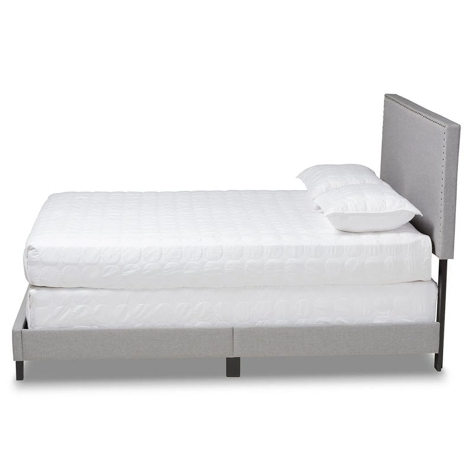 Bowery Hill Full Size Gray Linen Panel Bed with Nailhead Trim