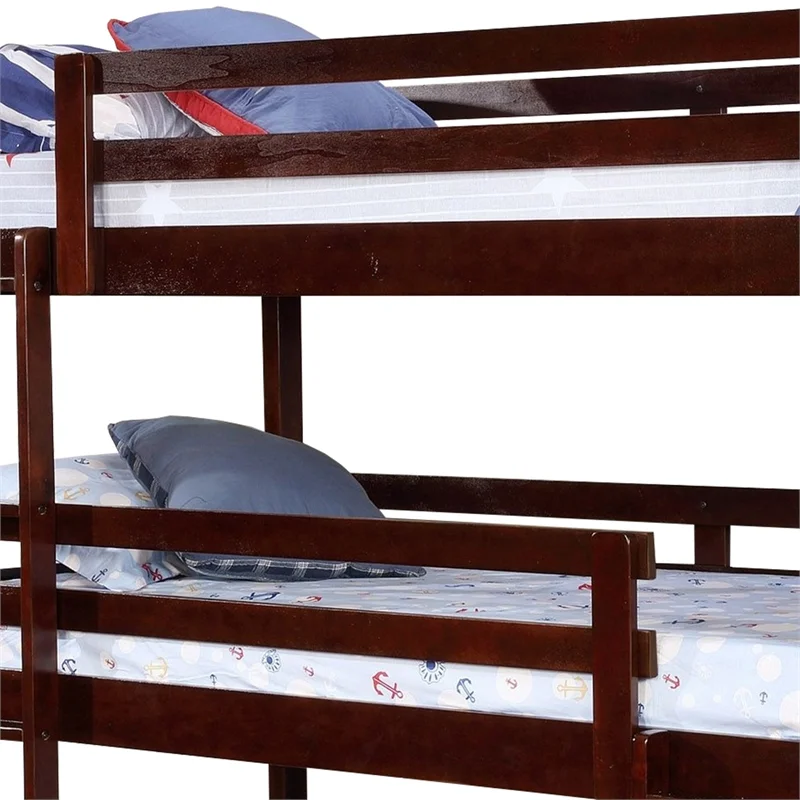 3 Tier Design Wooden Twin Size Bunk Bed with Attached Guardrails in Brown