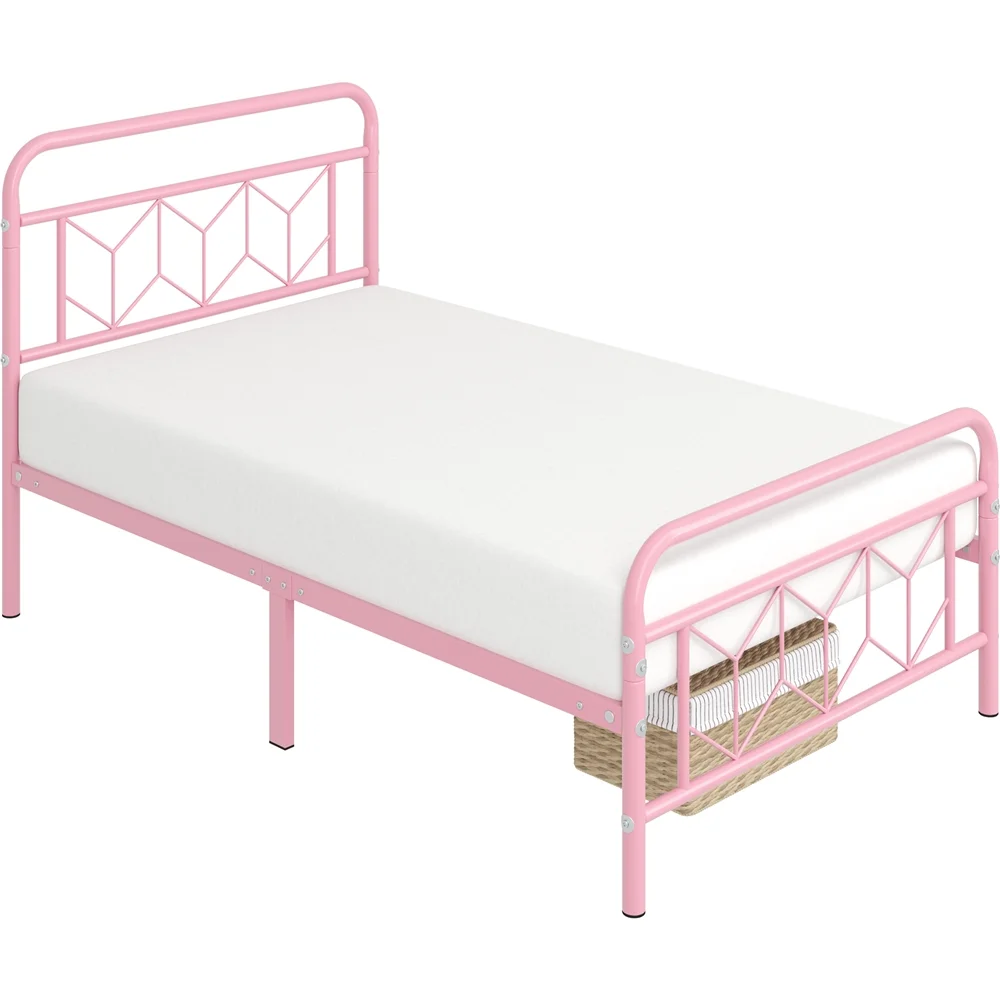 Easyfashion Aubrey Vintage Metal Chevron Platform Bed,Twin XL,Pink