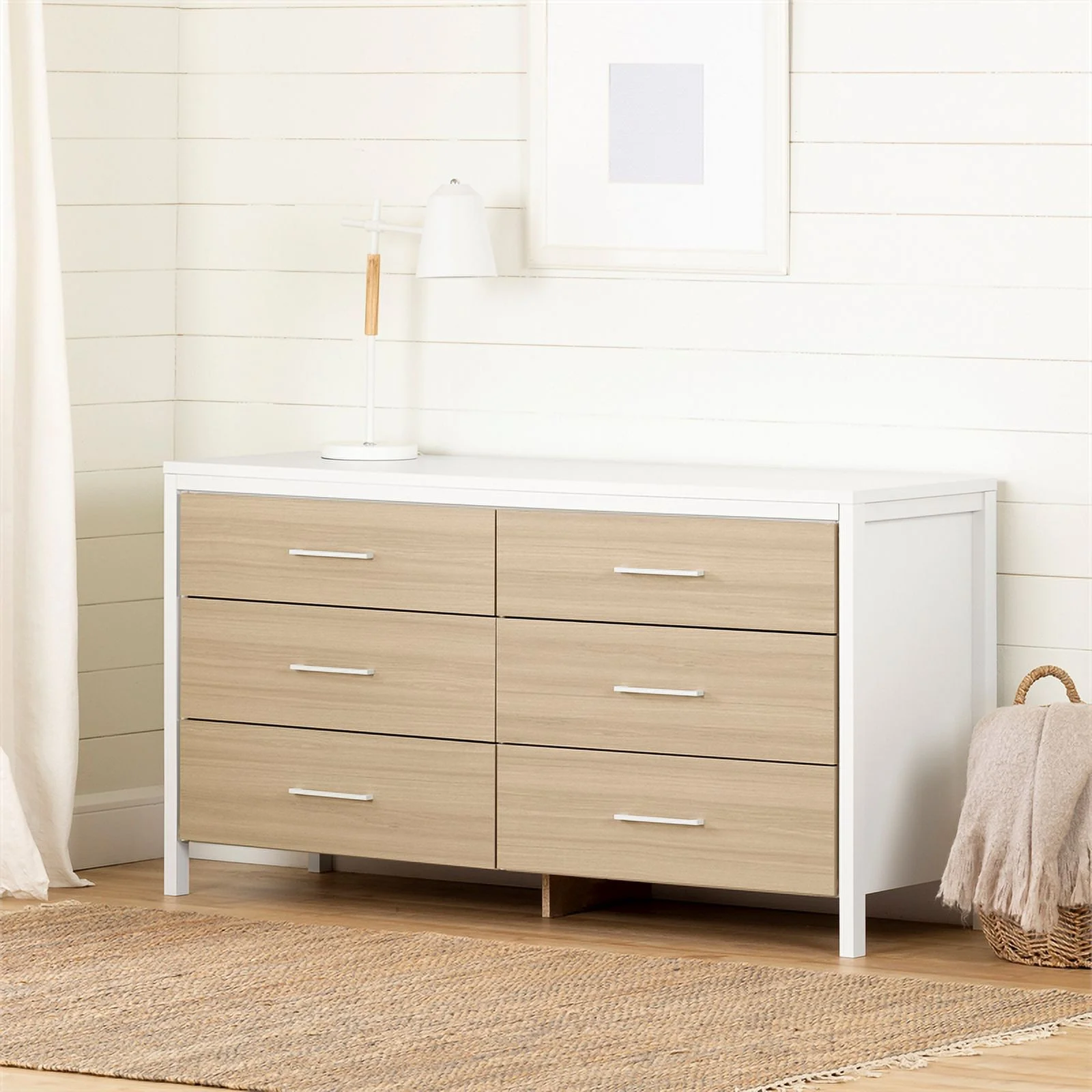 Pemberly Row Contemporary 6-Drawer Double Dresser White and Soft Elm