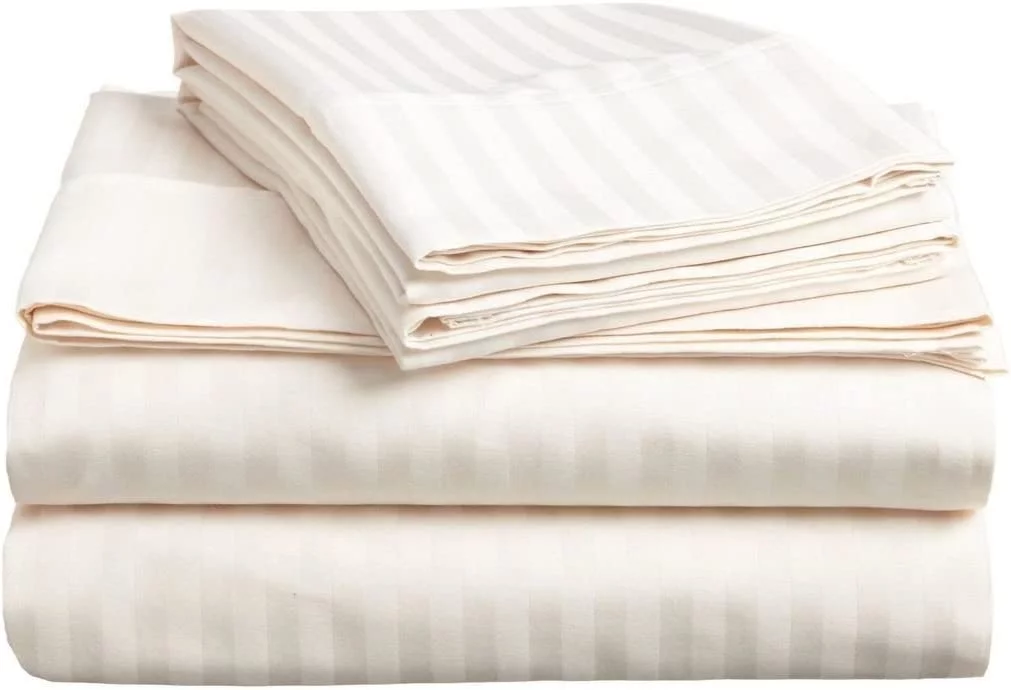 Amay Cotton 600TC 4-PCs Sheet Set Easily Fit upto 6-8 Inch Deep Pockets Stripe Pattern ( Emperor, Ivory )