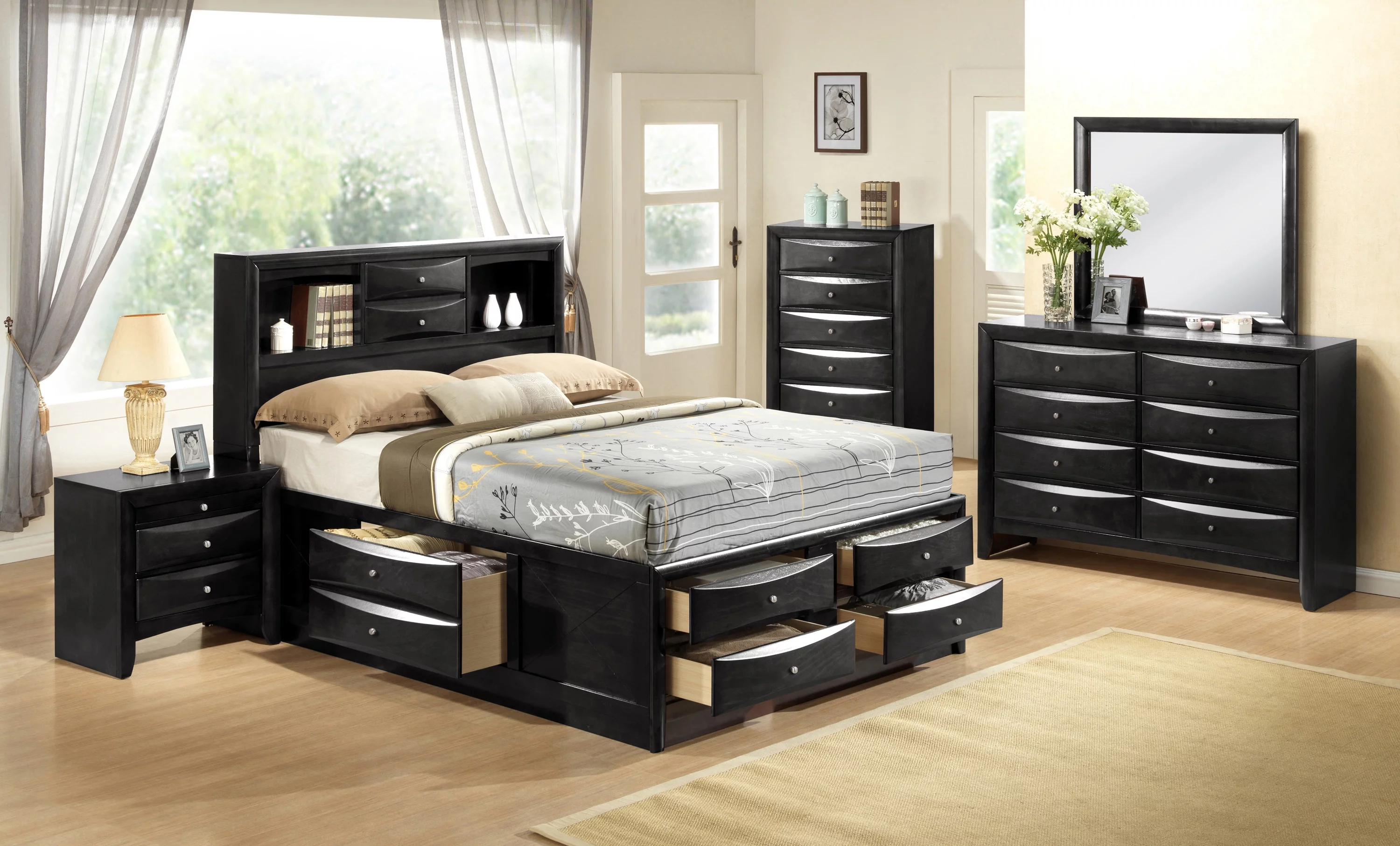 Lyndsay Black Storage Platform Bedroom Set Special Queen 4 Piece: Bed, Dresser, Mirror, NightStand