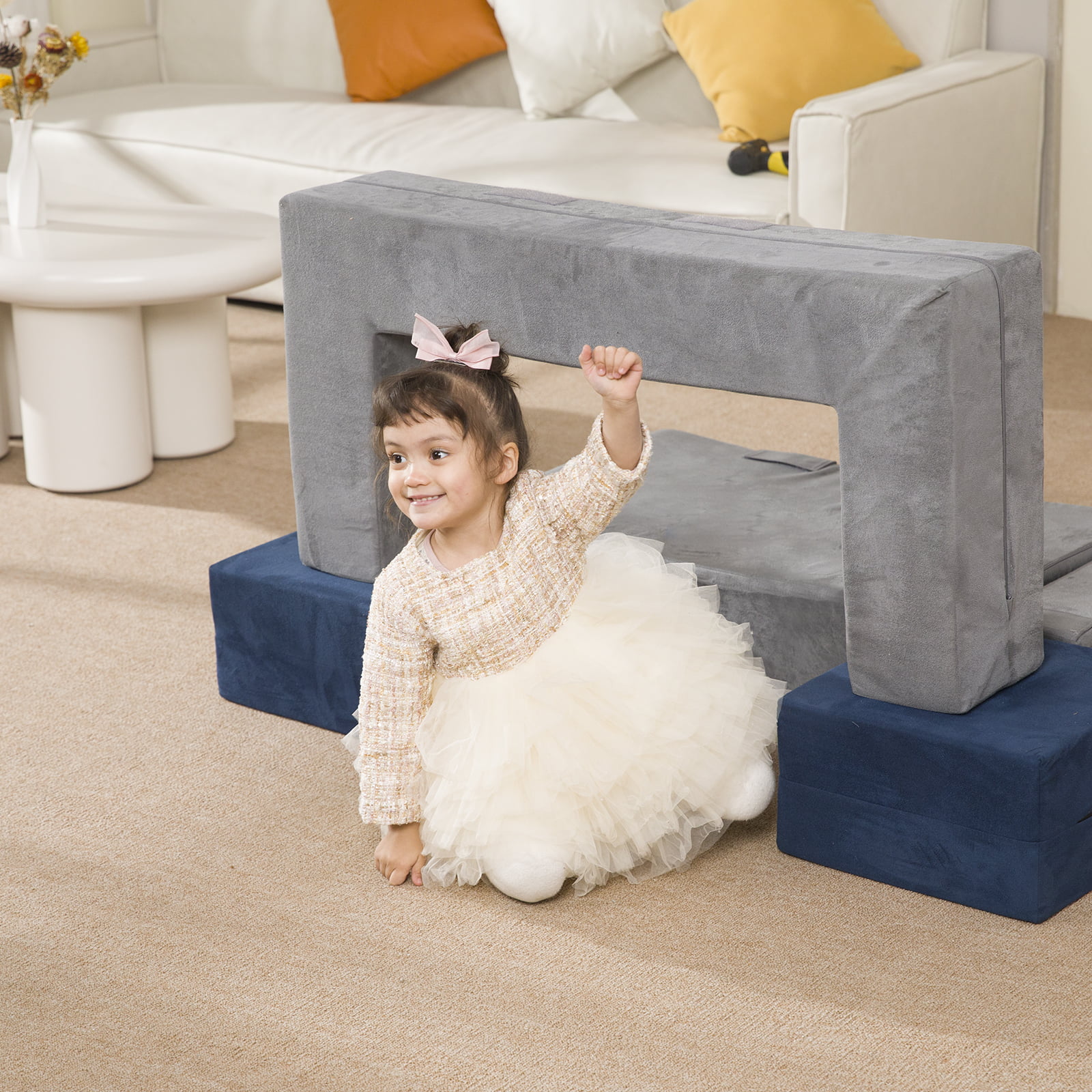 LOAOL 3-in-1 Multi-Functional Play Couch for Playroom, Kids Play Sofa Kids Loveseat, Step and Slide Climber Crawl (Grey & Blue)