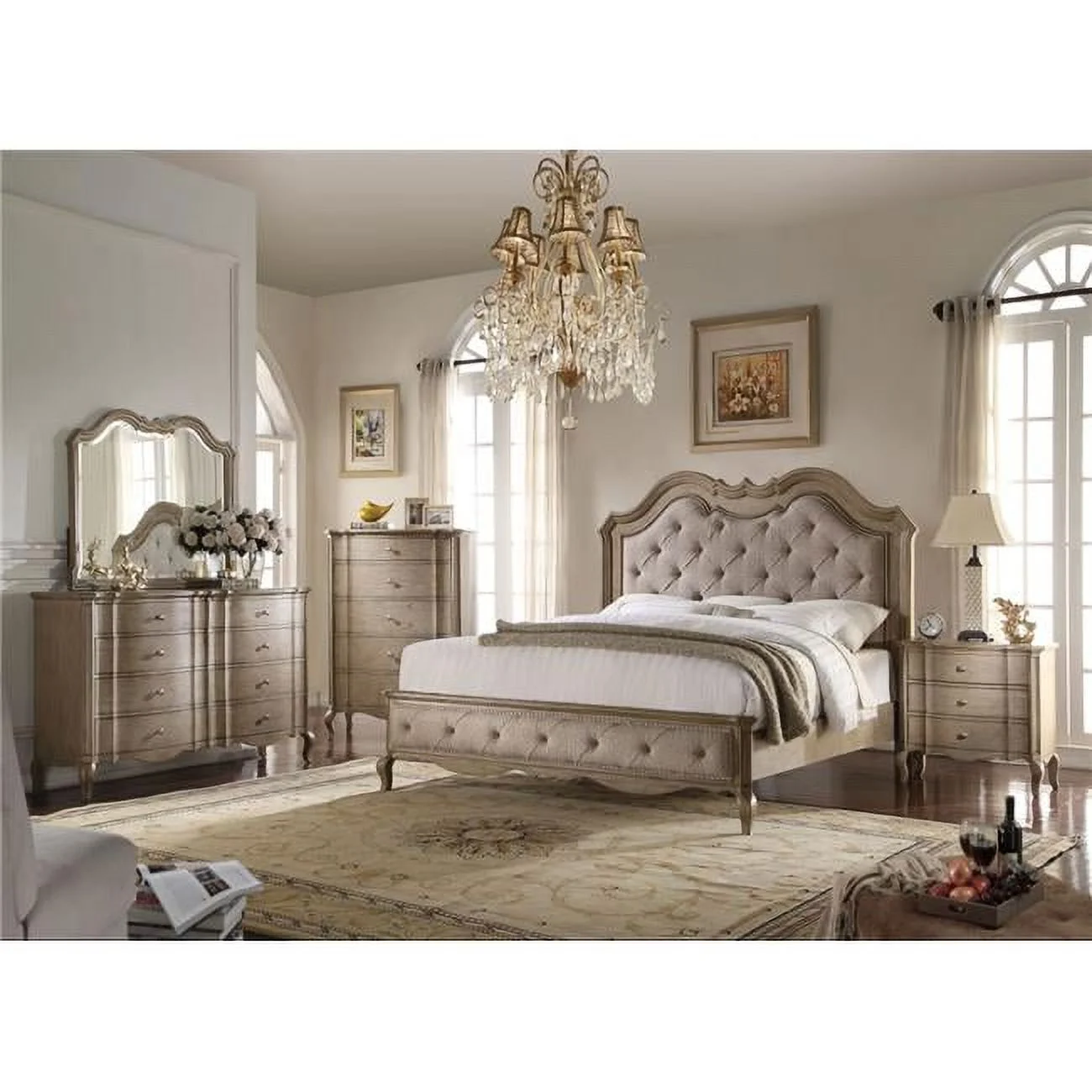 ACME  3 Piece Chelmsford Queen Size Bed - Beige Fabric & Antique Taupe