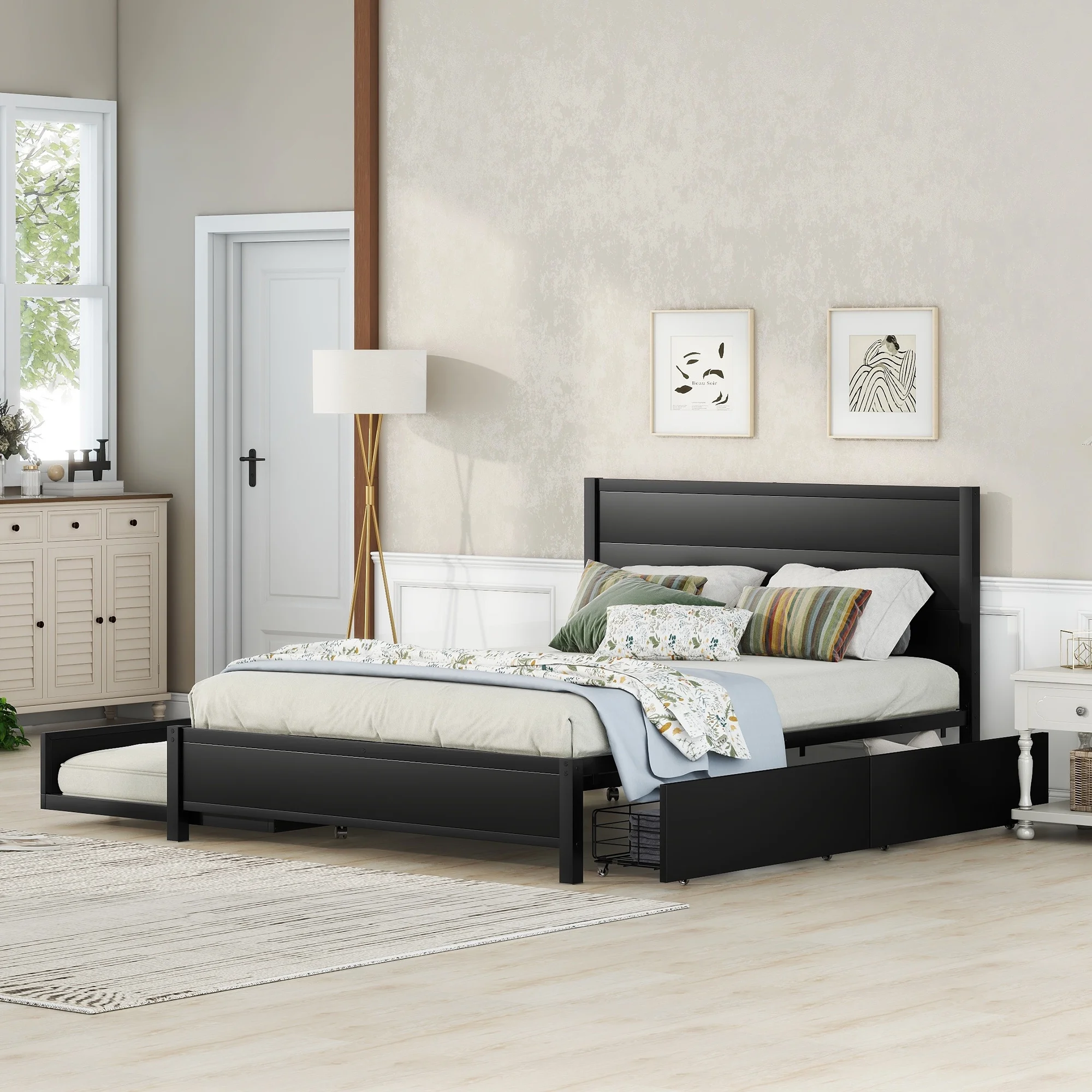 CoSoTower Metal Queen Size Storage Platform Bed with Twin Size Trundle and 2 Drawers, Black